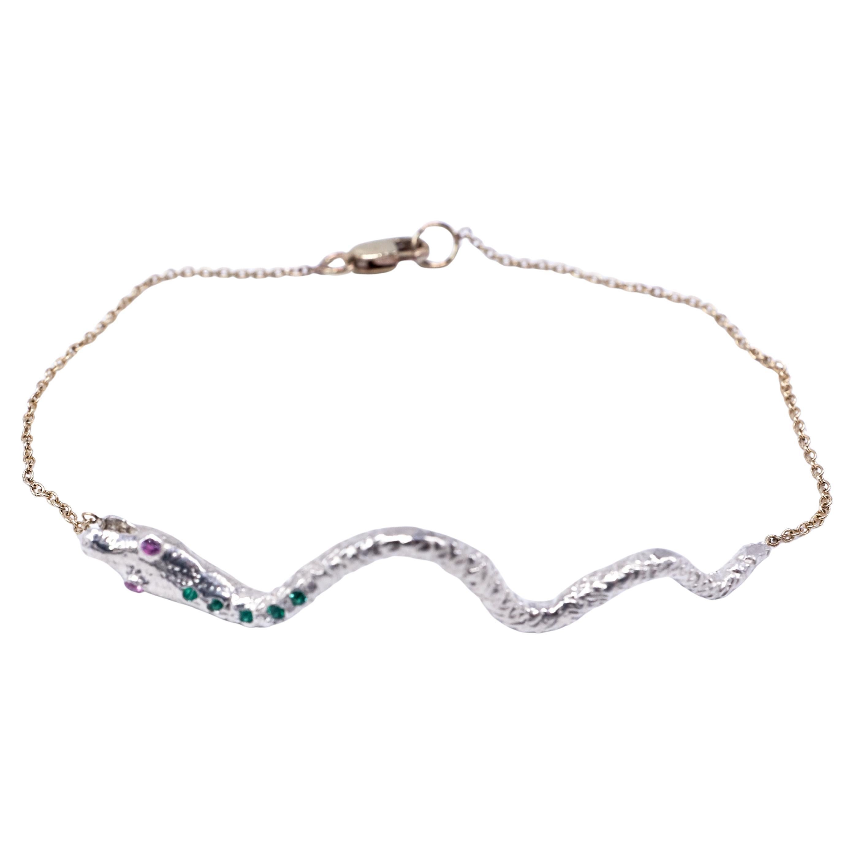 Green Emerald Pink Sapphire Bracelet Snake Silver