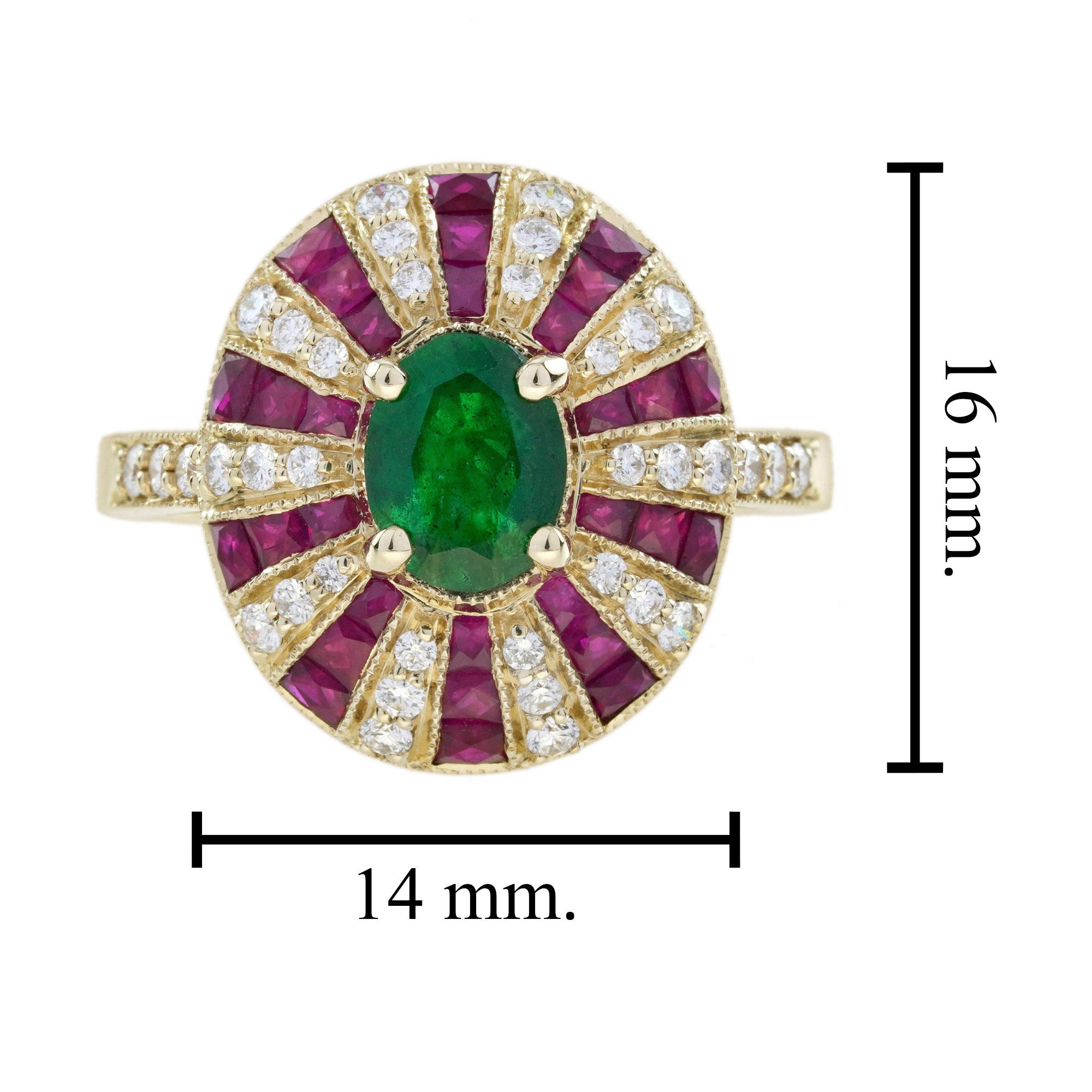 Bague en or jaune 18 ans, style Art Deco, émeraude verte et diamant rubis rouge en vente 8