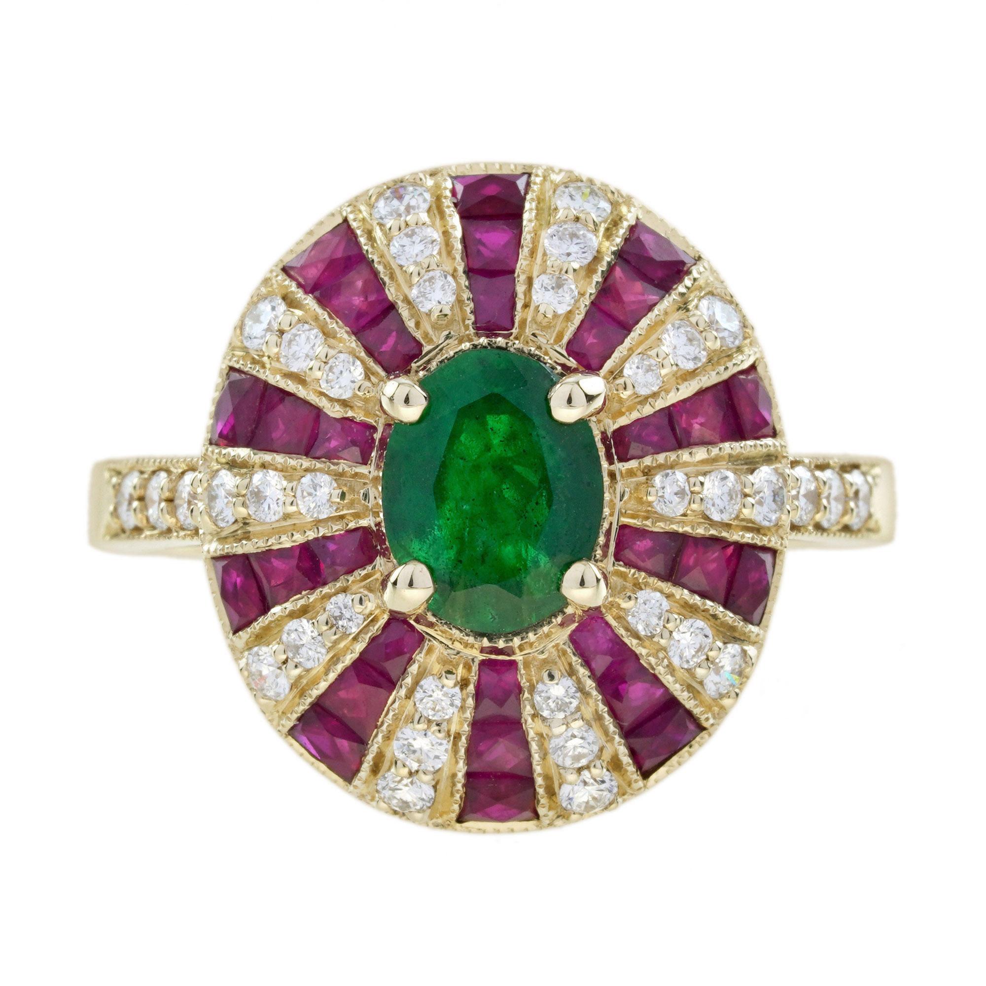 La bague de fiançailles Emerald, Ruby, and Diamond Art Deco Style présente une émeraude captivante au centre, entourée de rubis et de diamants alternés qui créent un motif floral saisissant. Le design imite la forme d'une fleur, le rouge riche des