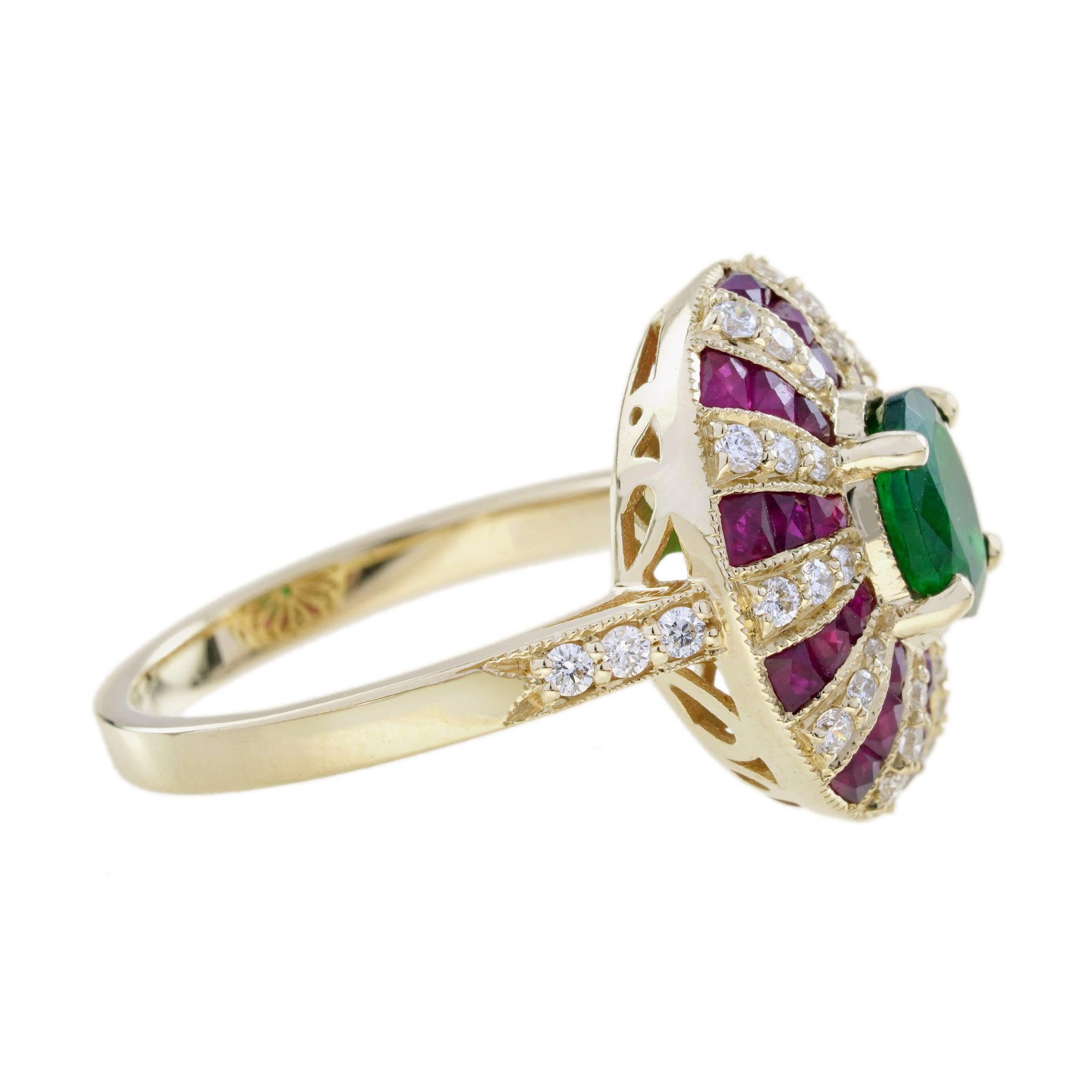 Art déco Bague en or jaune 18 ans, style Art Deco, émeraude verte et diamant rubis rouge en vente