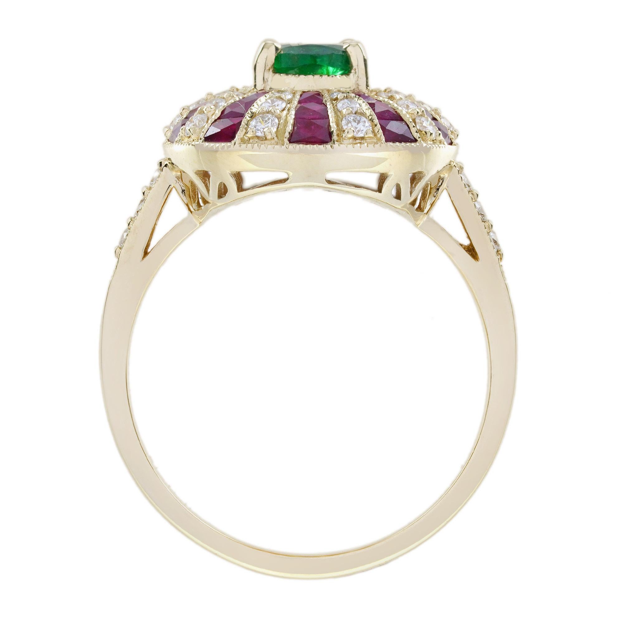 Taille ovale Bague en or jaune 18 ans, style Art Deco, émeraude verte et diamant rubis rouge en vente