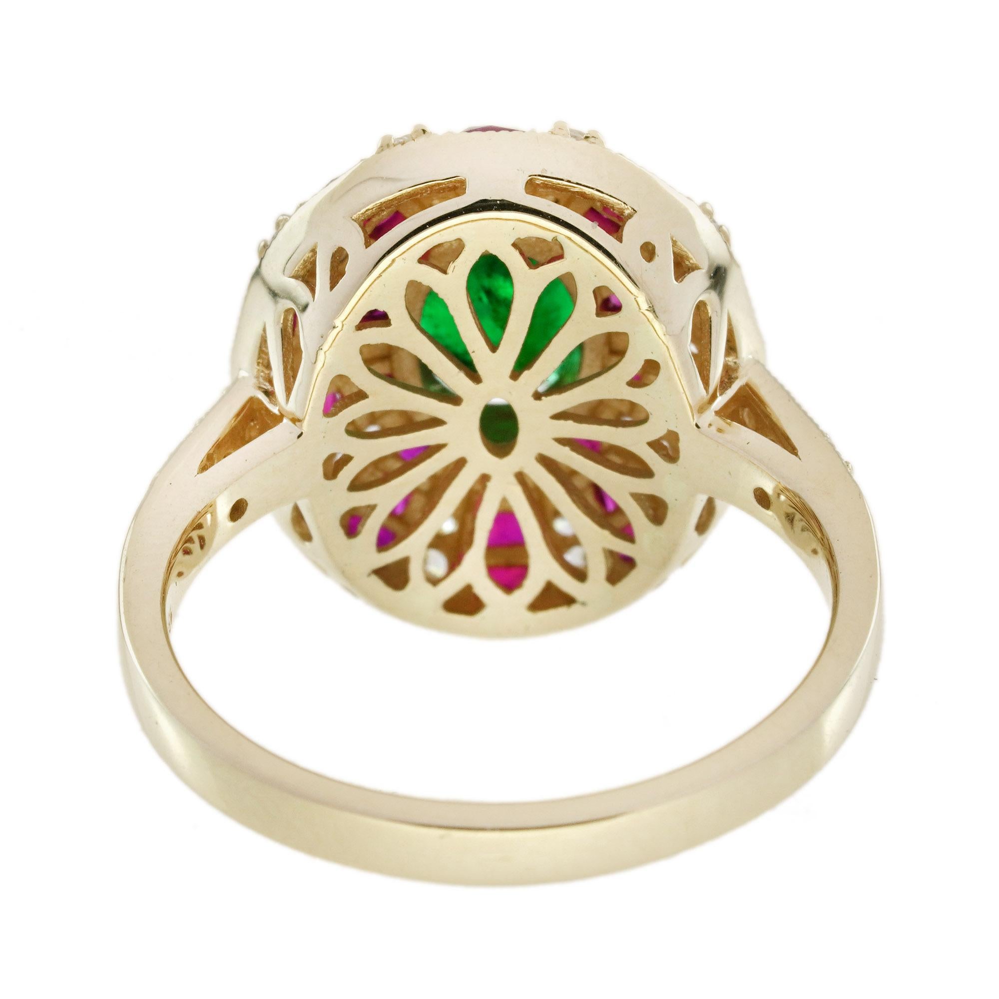 Bague en or jaune 18 ans, style Art Deco, émeraude verte et diamant rubis rouge Neuf - En vente à Oakton, VA