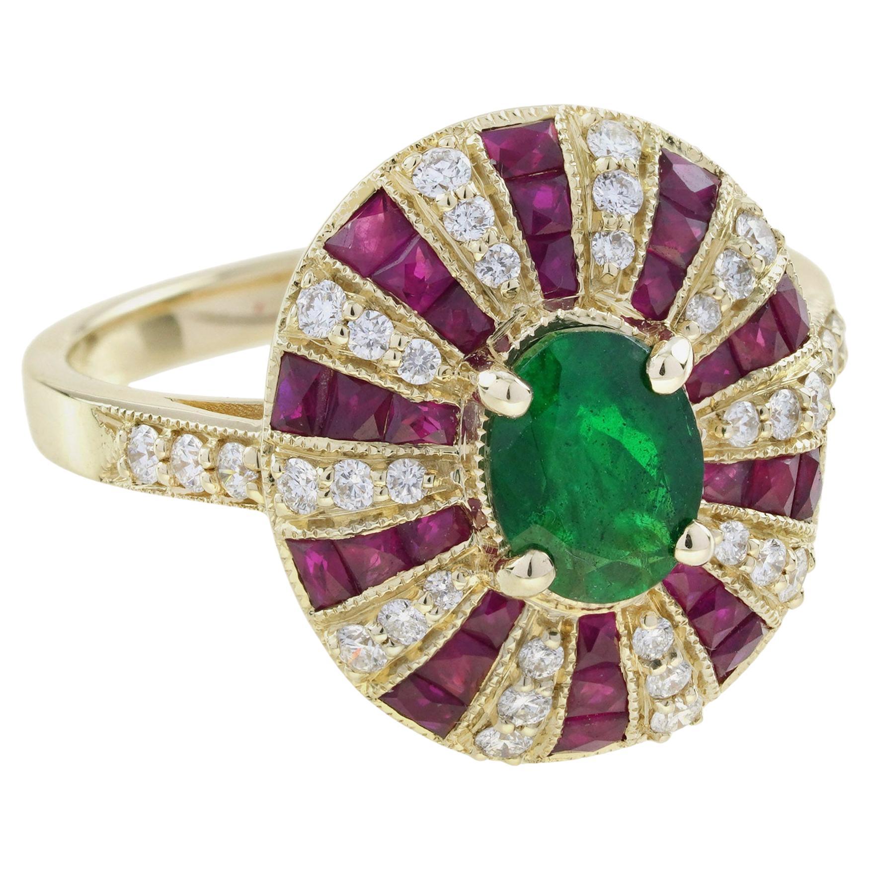 Bague en or jaune 18 ans, style Art Deco, émeraude verte et diamant rubis rouge en vente