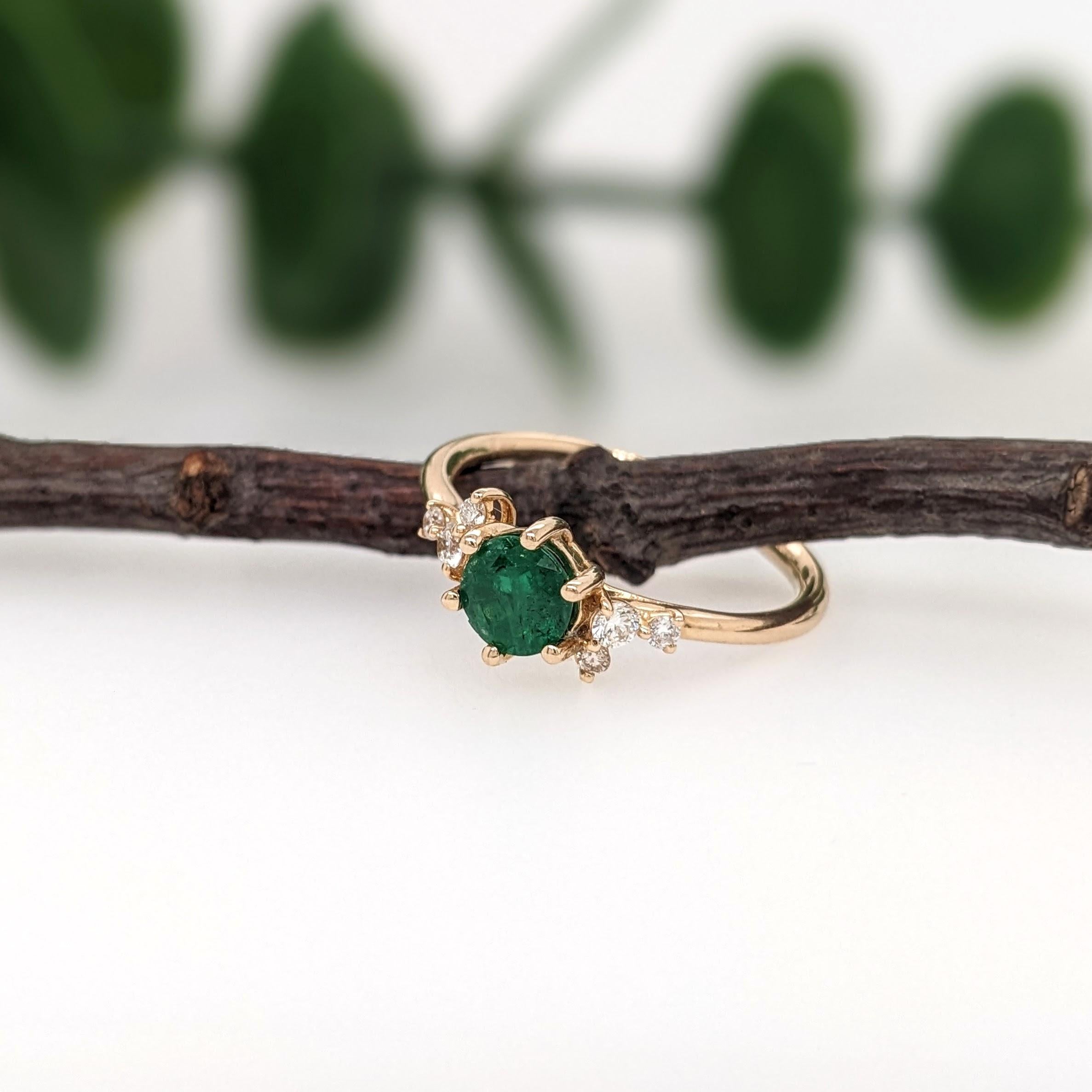 Modern Green Emerald Ring w Natural Diamonds in Solid 14k Yellow Gold Round 5mm