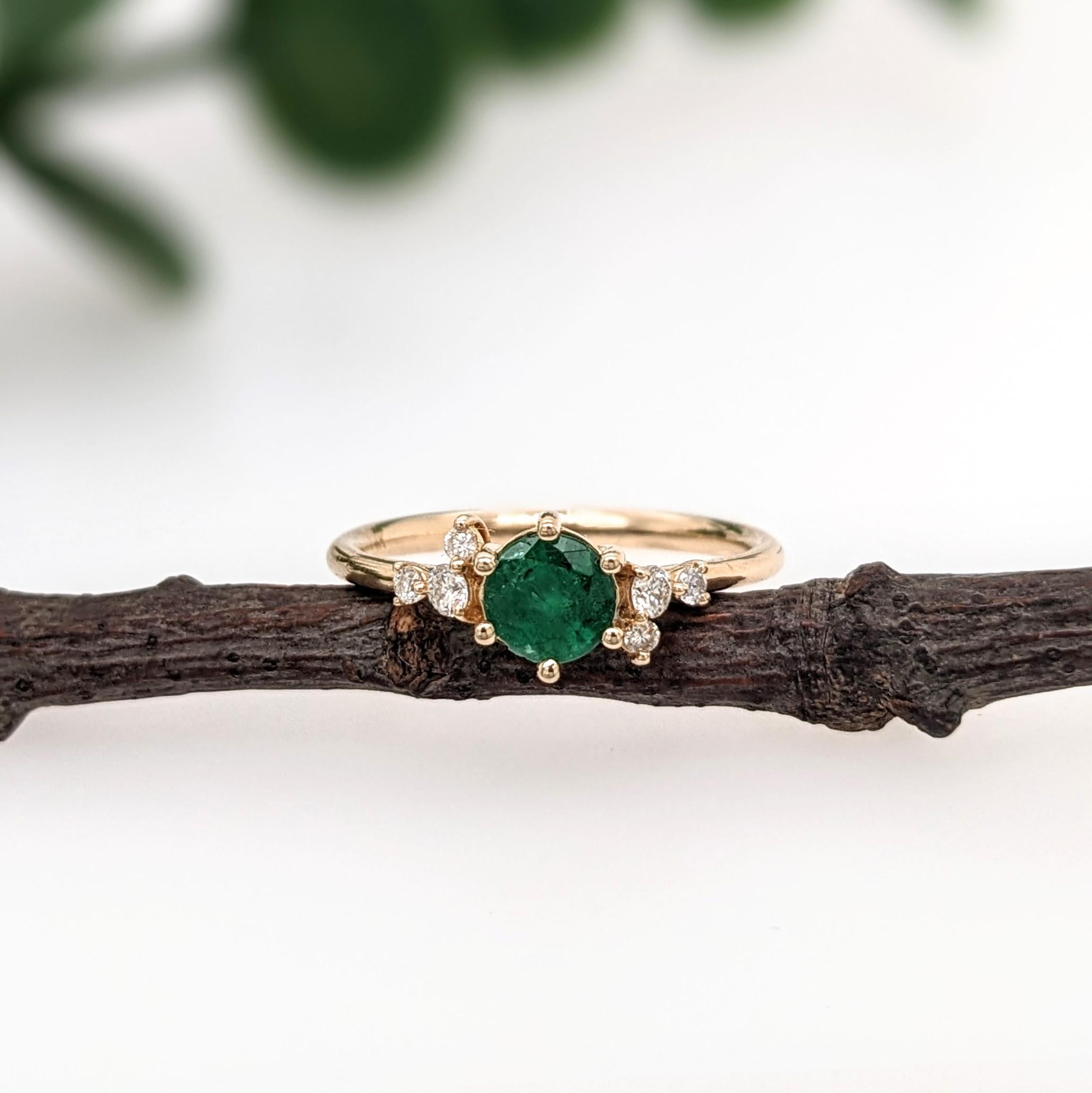 Women's Green Emerald Ring w Earth Mined Diamonds in Solid 14k Yellow Gold Round 5mm