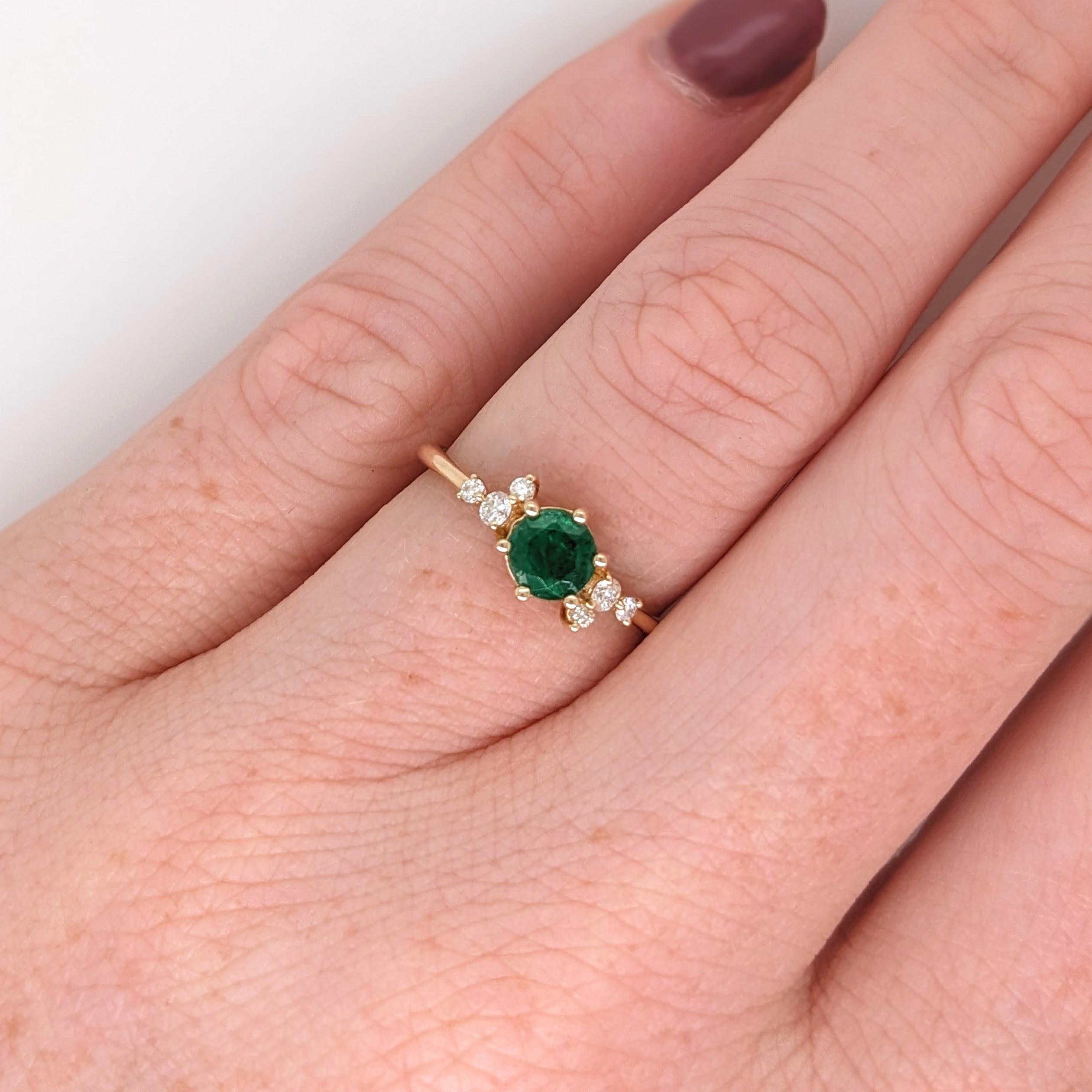 Green Emerald Ring w Natural Diamonds in Solid 14k Yellow Gold Round 5mm 1