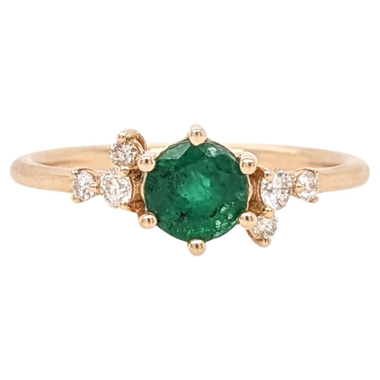 Green Emerald Ring w Natural Diamonds in Solid 14k Yellow Gold Round 5mm