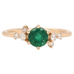 Green Emerald Ring w Earth Mined Diamonds in Solid 14k Yellow Gold Round 5mm