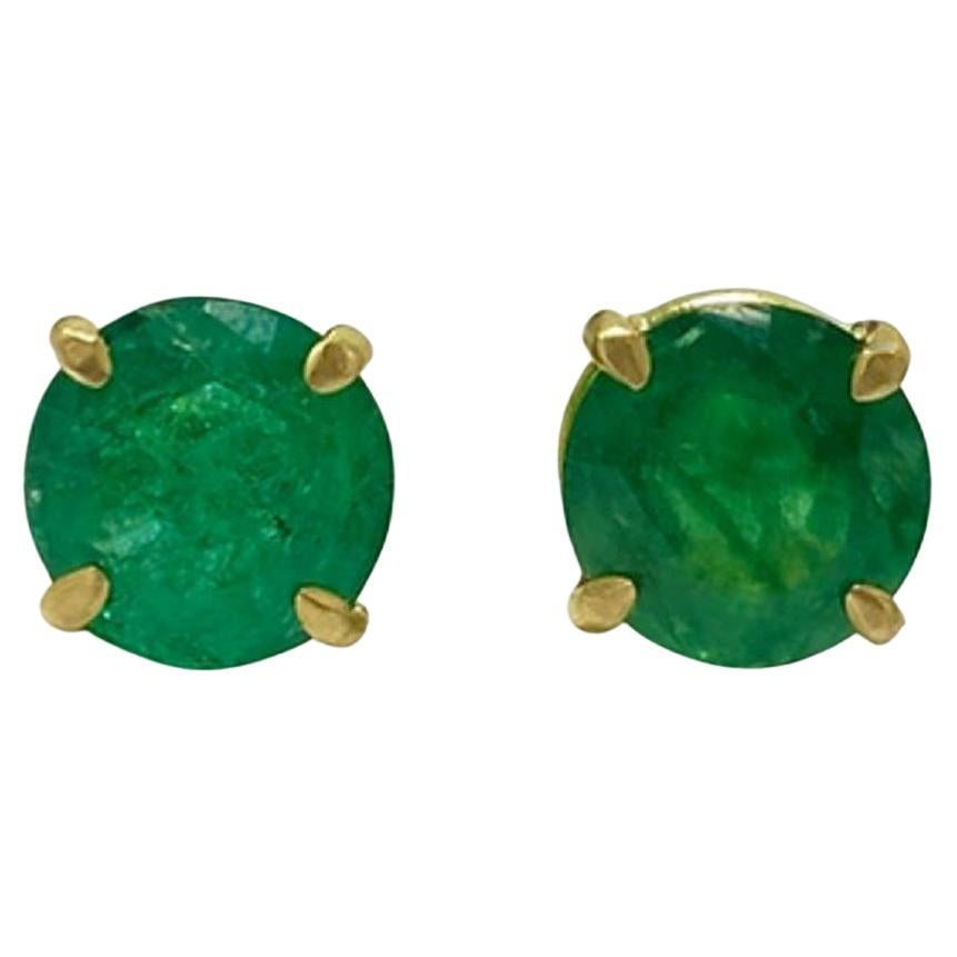 Green Emerald Round-Cut Stud Earrings in 18K Yellow Gold