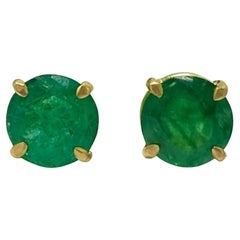 Green Emerald Round-Cut Stud Earrings in 18K Yellow Gold