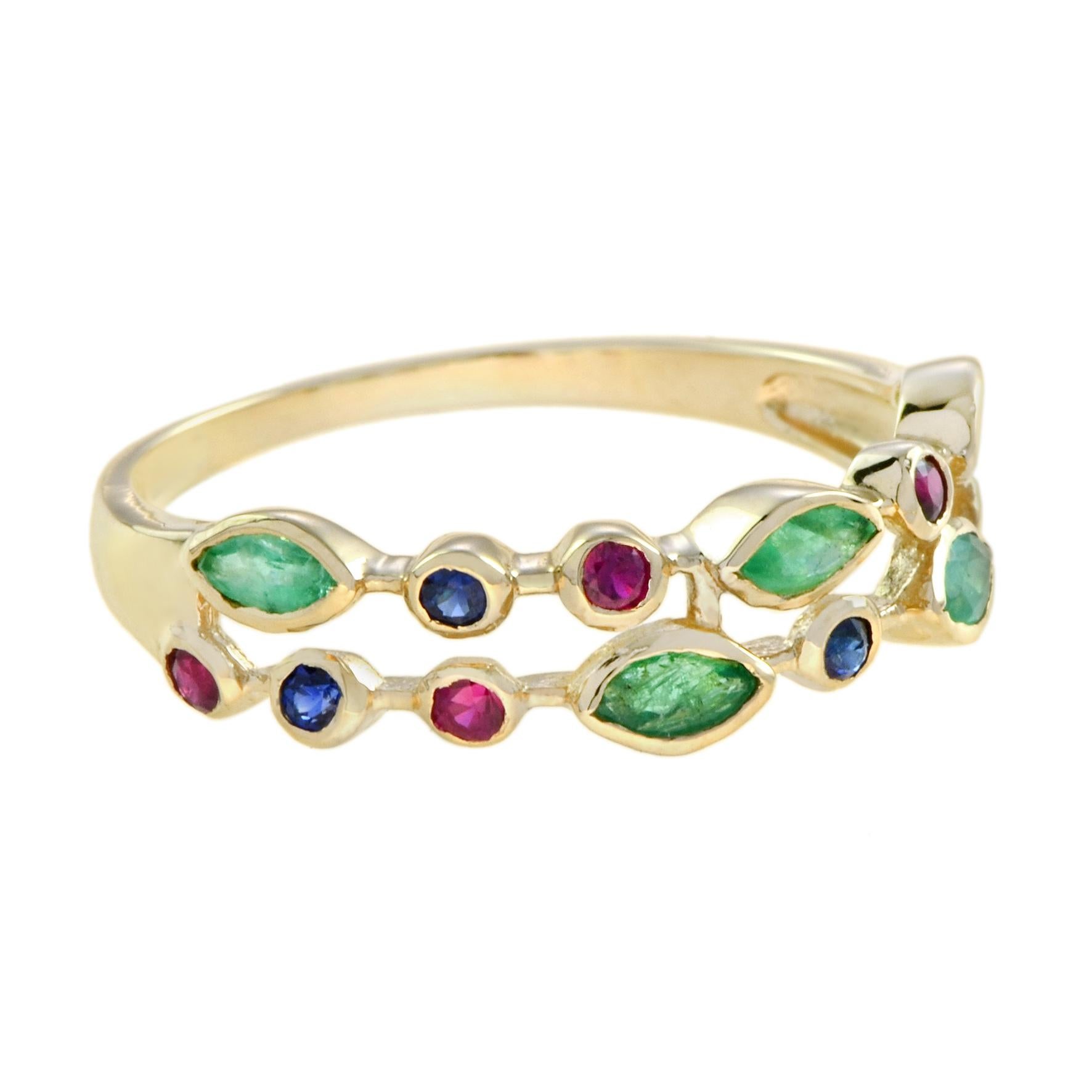 Two rows of emerald, ruby, and sapphire in a unique style. This ring is perfect for a woman who wants a classic design with a fashionable twist.
Ring Information
 Weight: 2.00 g. (approx. total weight)
Gemstones I
Type: Emerald
 Shape: Marquise
