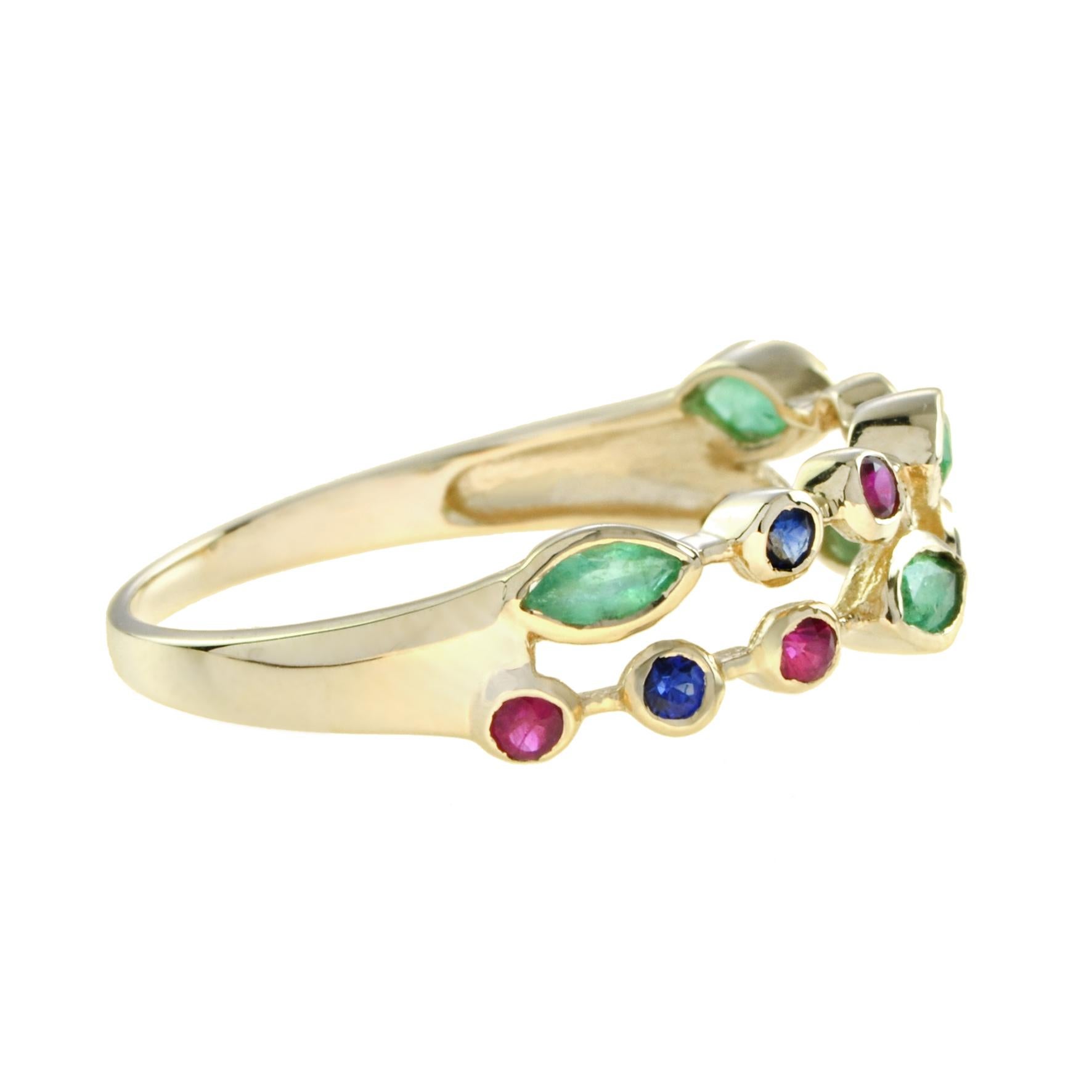 Green Emerald Ruby & Sapphire Nature Inspired Floral Leaf Vintage Style Ring Corte marquesa en venta