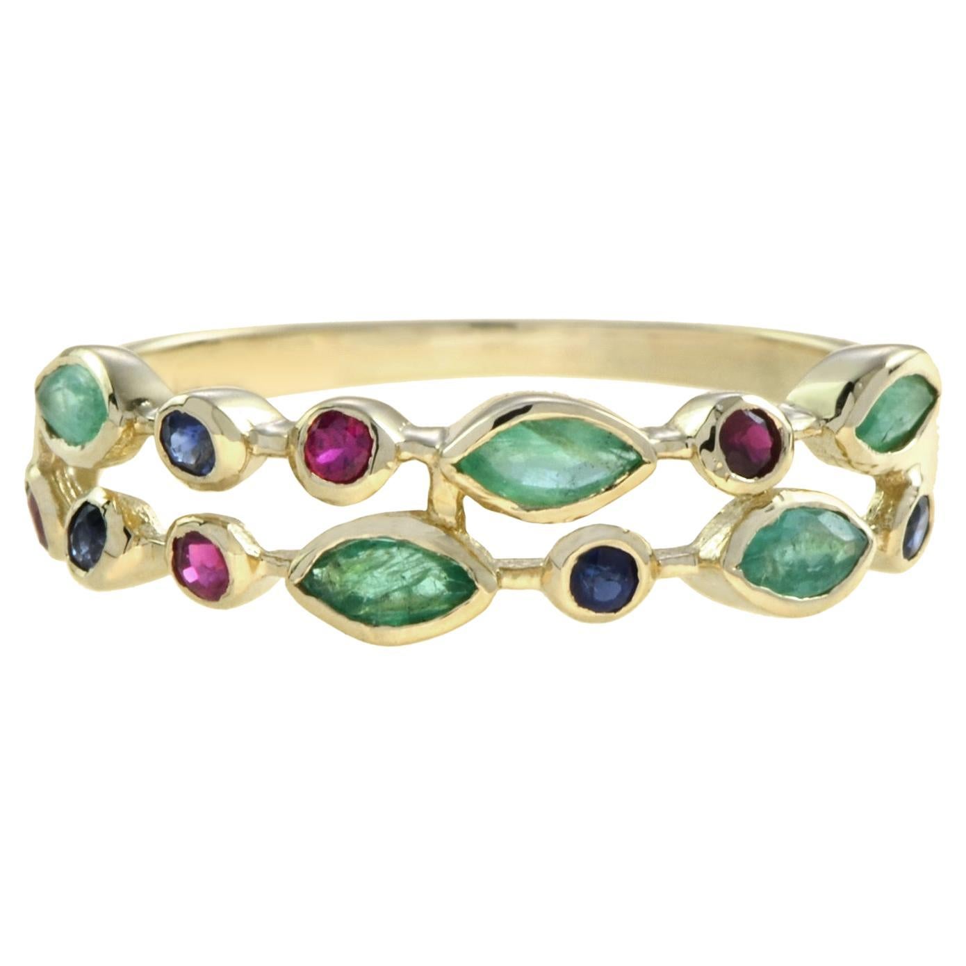 Green Emerald Ruby & Sapphire Nature Inspired Floral Leaf Vintage Style Ring en venta