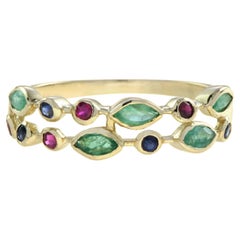 Green Emerald Ruby & Sapphire Nature Inspired Floral Leaf Vintage Style Ring