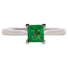 Green emerald Solitaire engagement ring 18k white gold