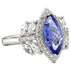 AAAA Tanzanite Halo Ring in Platinum Plated Sterling Silver Tanzanite Ring