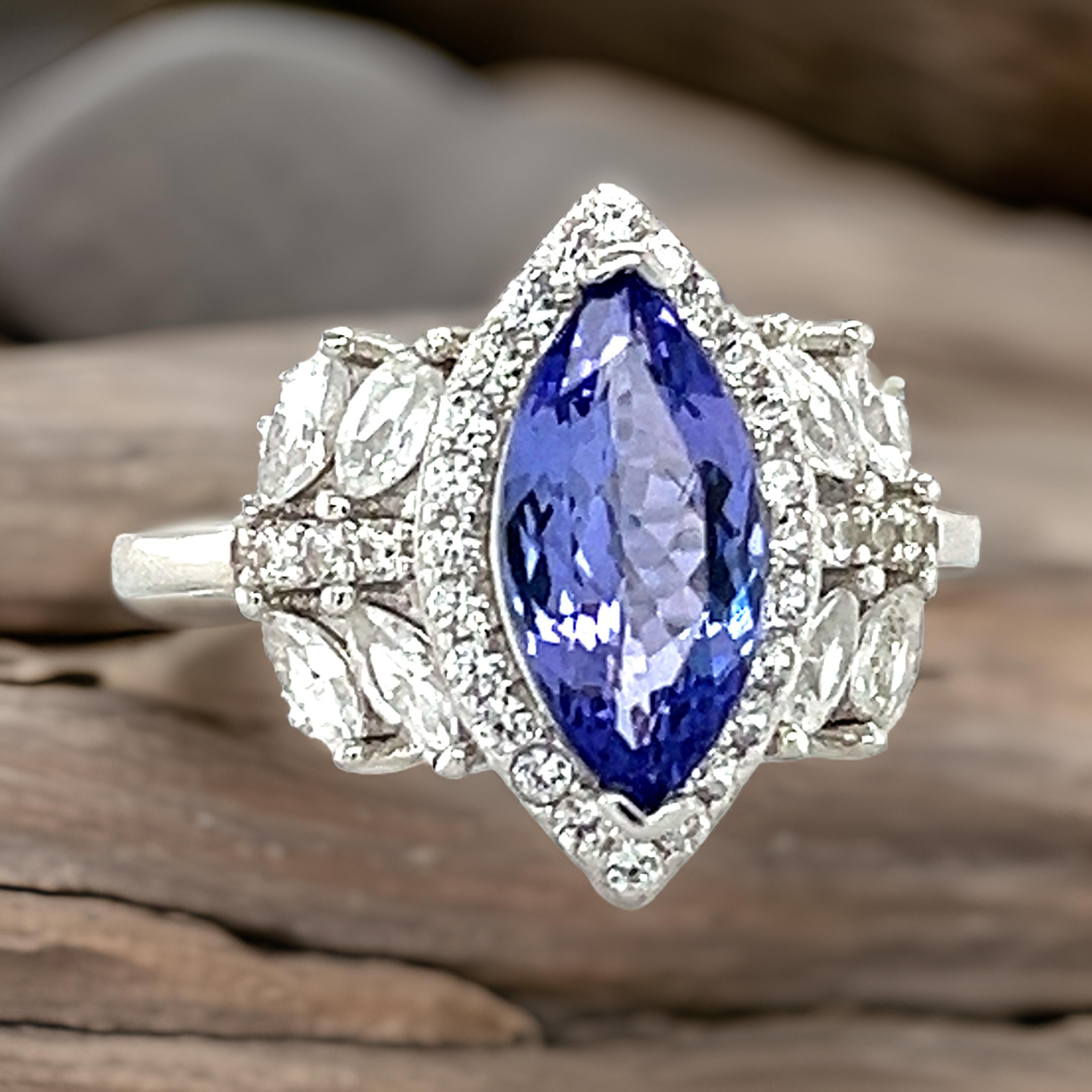 Art Deco AAAA Tanzanite Halo Ring in Platinum Plated Sterling Silver Tanzanite Ring For Sale