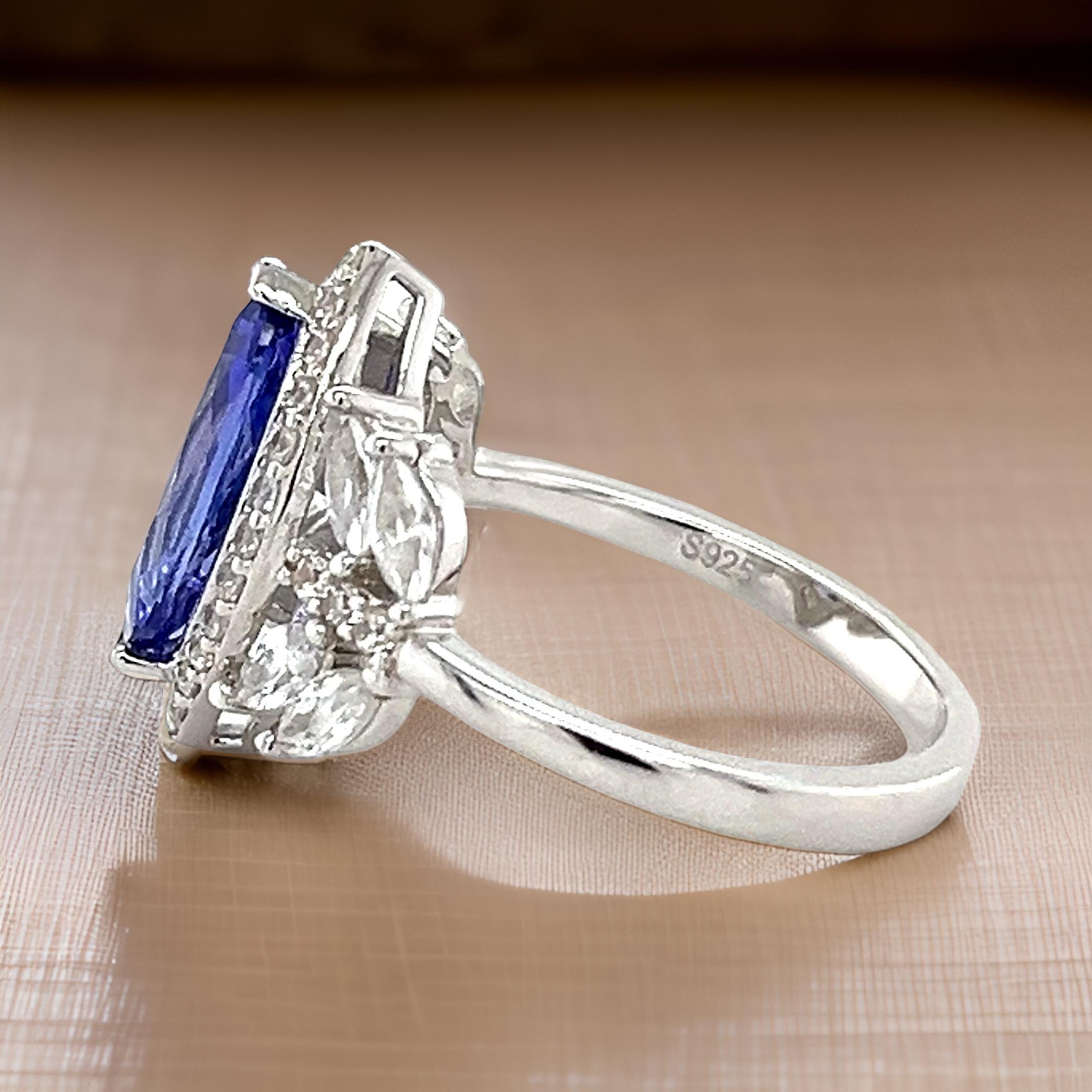 Marquise Cut AAAA Tanzanite Halo Ring in Platinum Plated Sterling Silver Tanzanite Ring For Sale