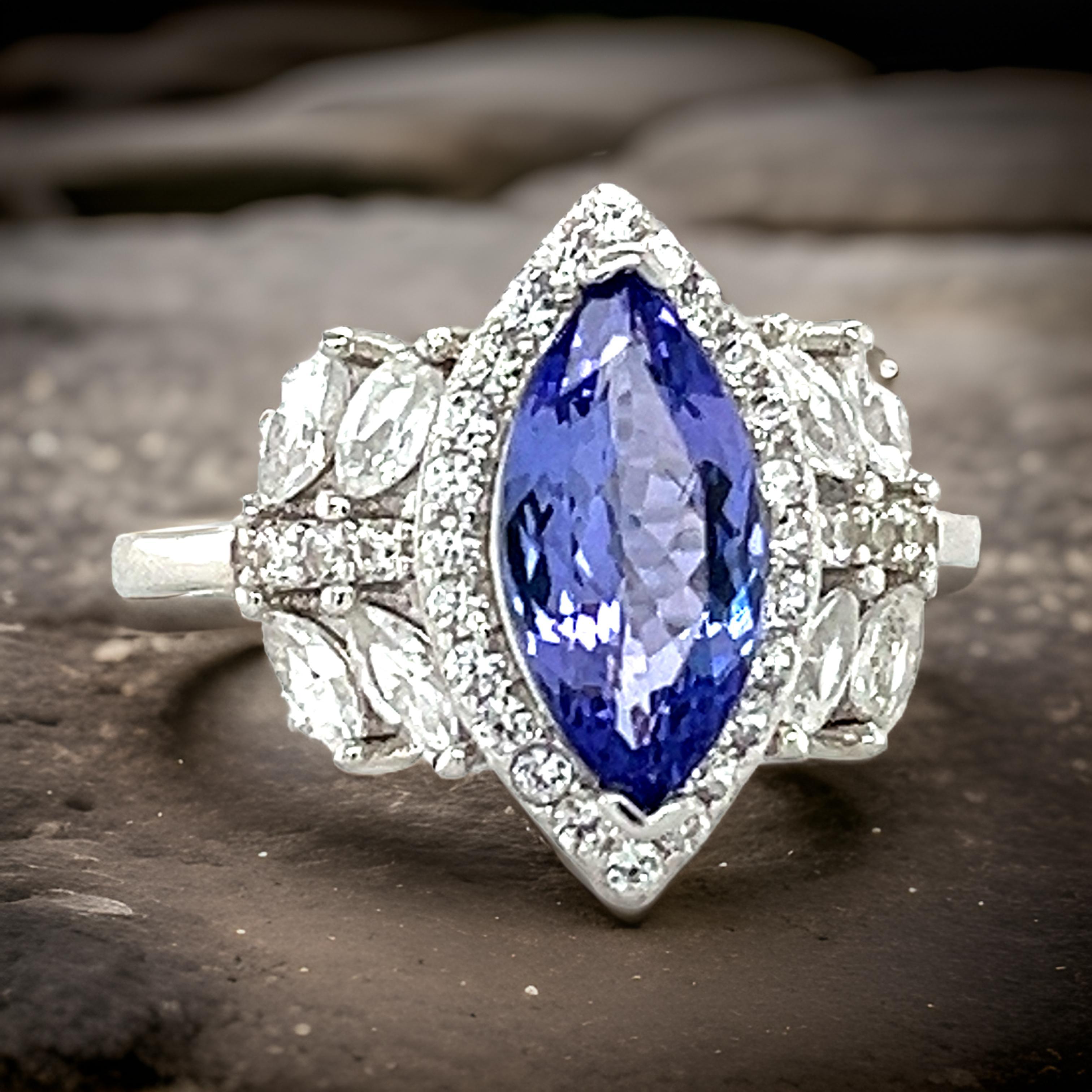 AAAA Tanzanite Halo Ring in Platinum Plated Sterling Silver Tanzanite Ring For Sale 1