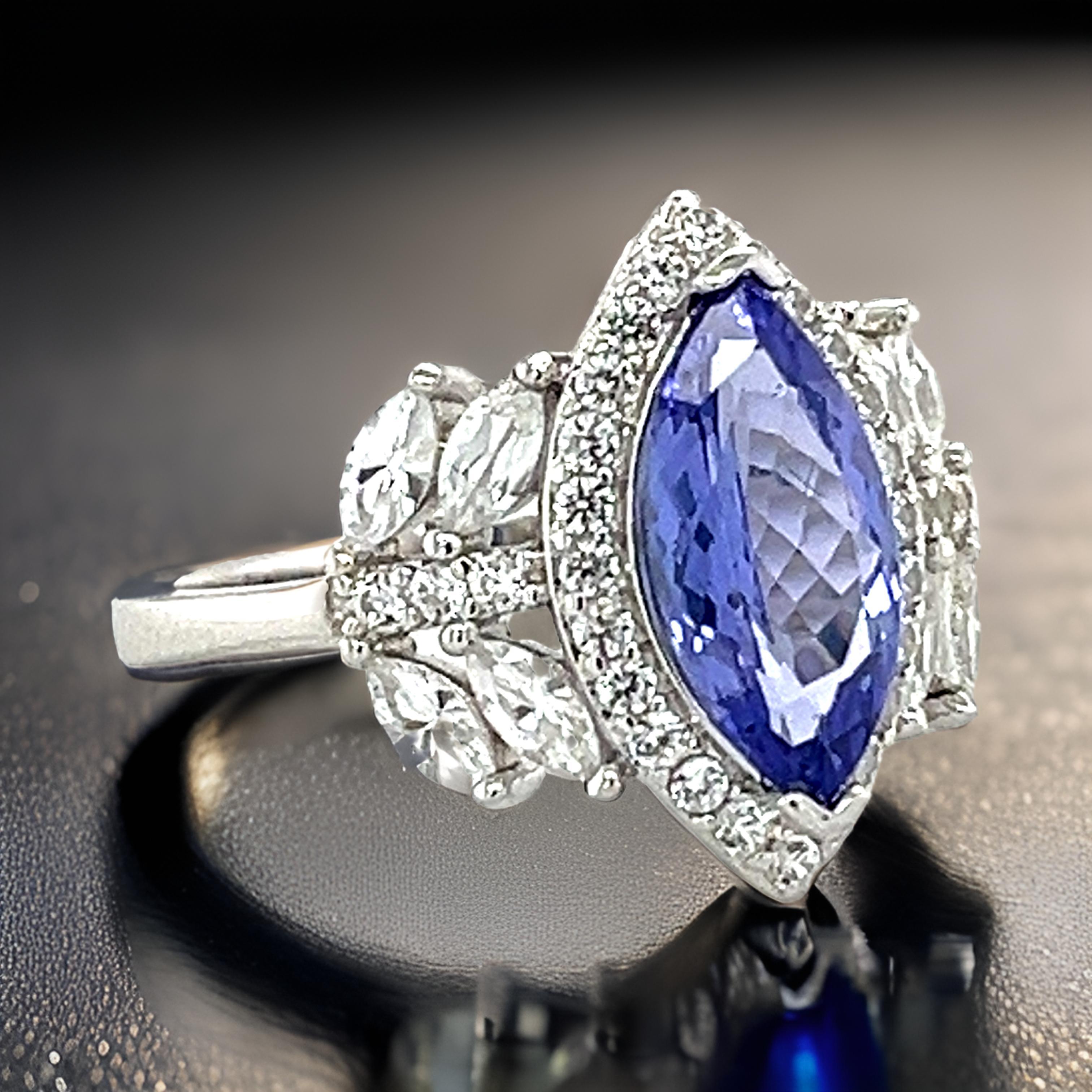 AAAA Tanzanite Halo Ring in Platinum Plated Sterling Silver Tanzanite Ring For Sale 2