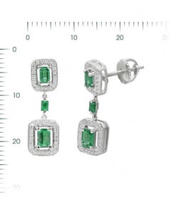 Green Emerald White Diamond White Gold Drop Dangle Earrings