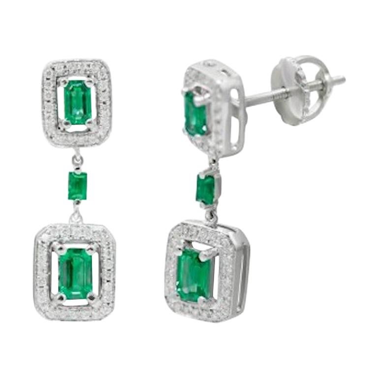 Green Emerald White Diamond White Gold Drop Dangle Earrings