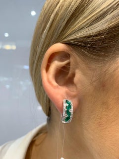 Green Emerald White Diamond White Gold Modern Lever-Back Earrings