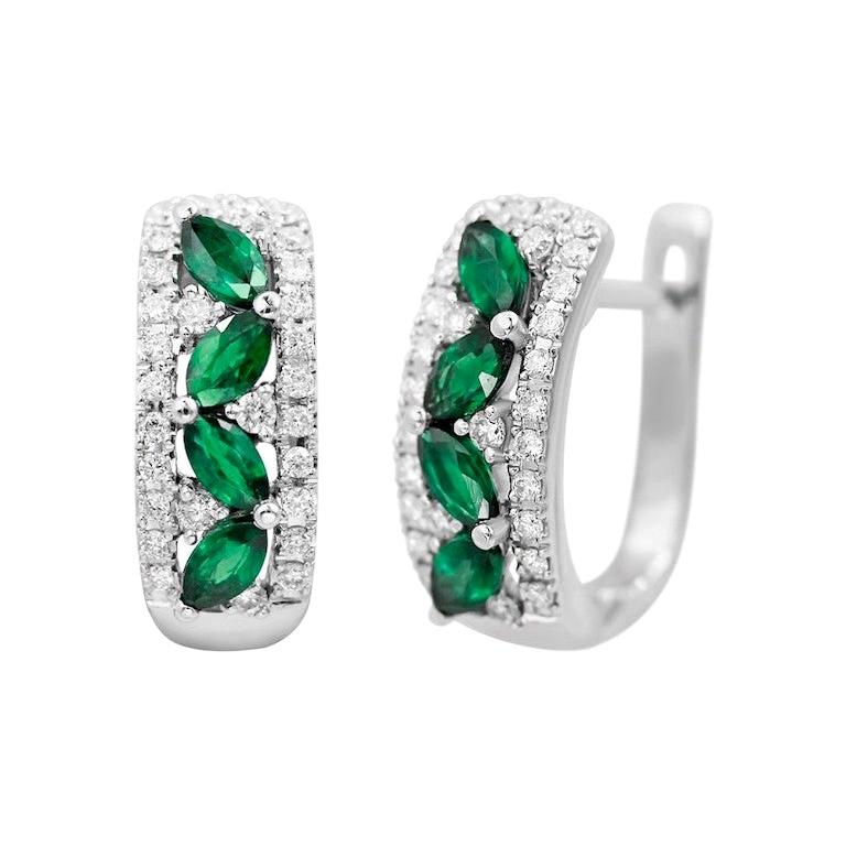 Green Emerald White Diamond White Gold Modern Lever-Back Earrings For Sale