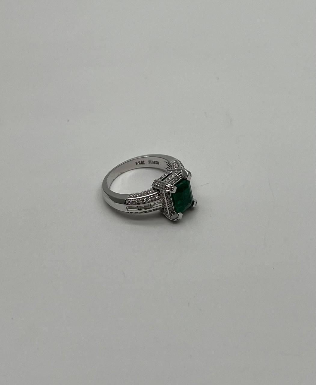 Emerald Cut Green Emerald & White Diamonds Pave Set 14K White Gold Statement Unique Ring For Sale