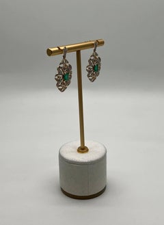 Green Emerald White Diamonds Symbol 14K Yellow Gold Statement Scroll Earrings