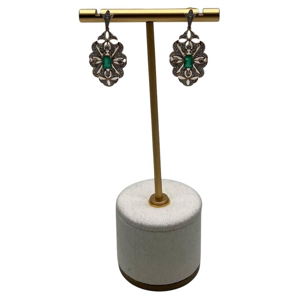 Green Emerald White Diamonds Symbol 14K Yellow Gold Statement Scroll Earrings