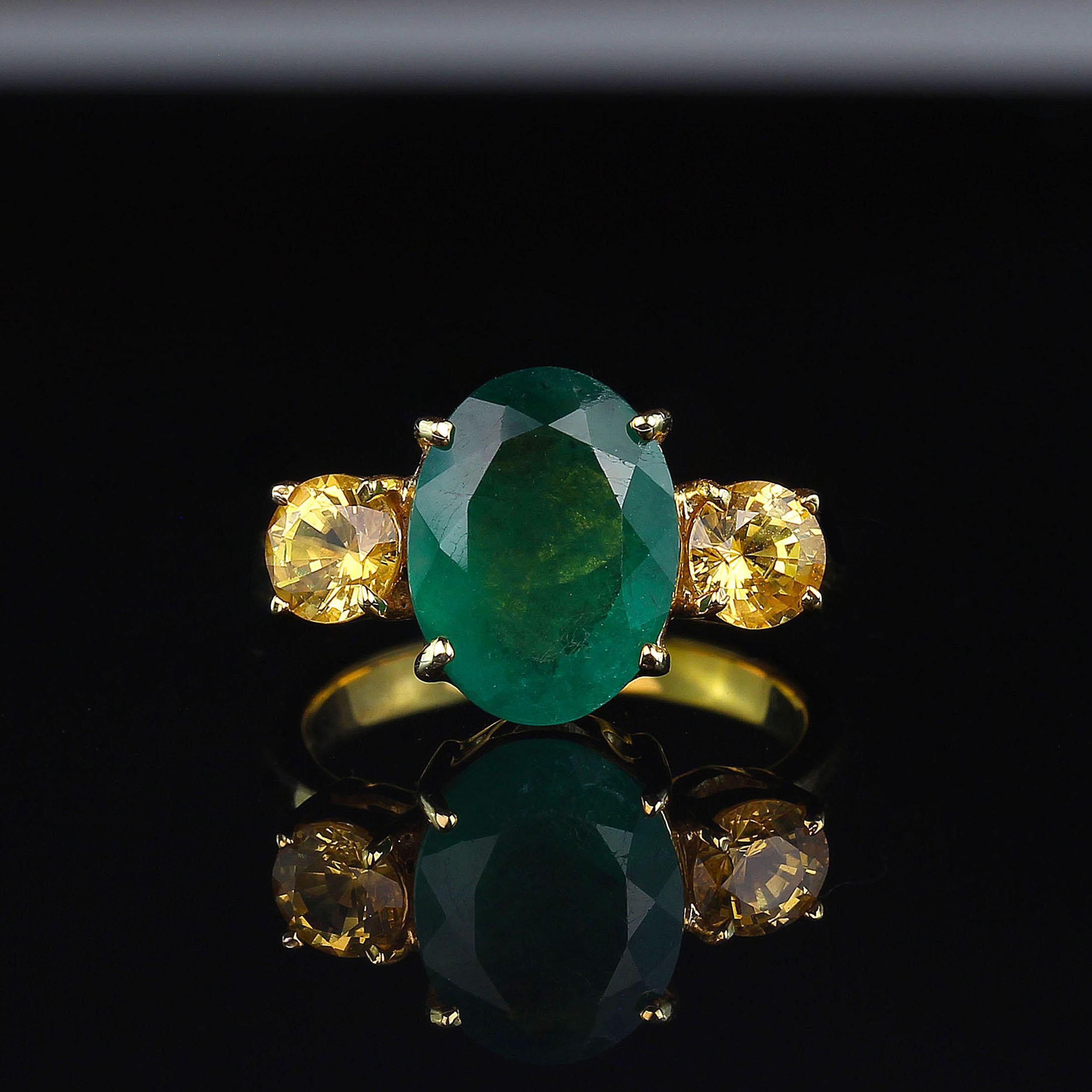 Artisan Green Emerald with Sparkling Golden Citrine Accent & Gold Rhoduim/Sterling Ring For Sale