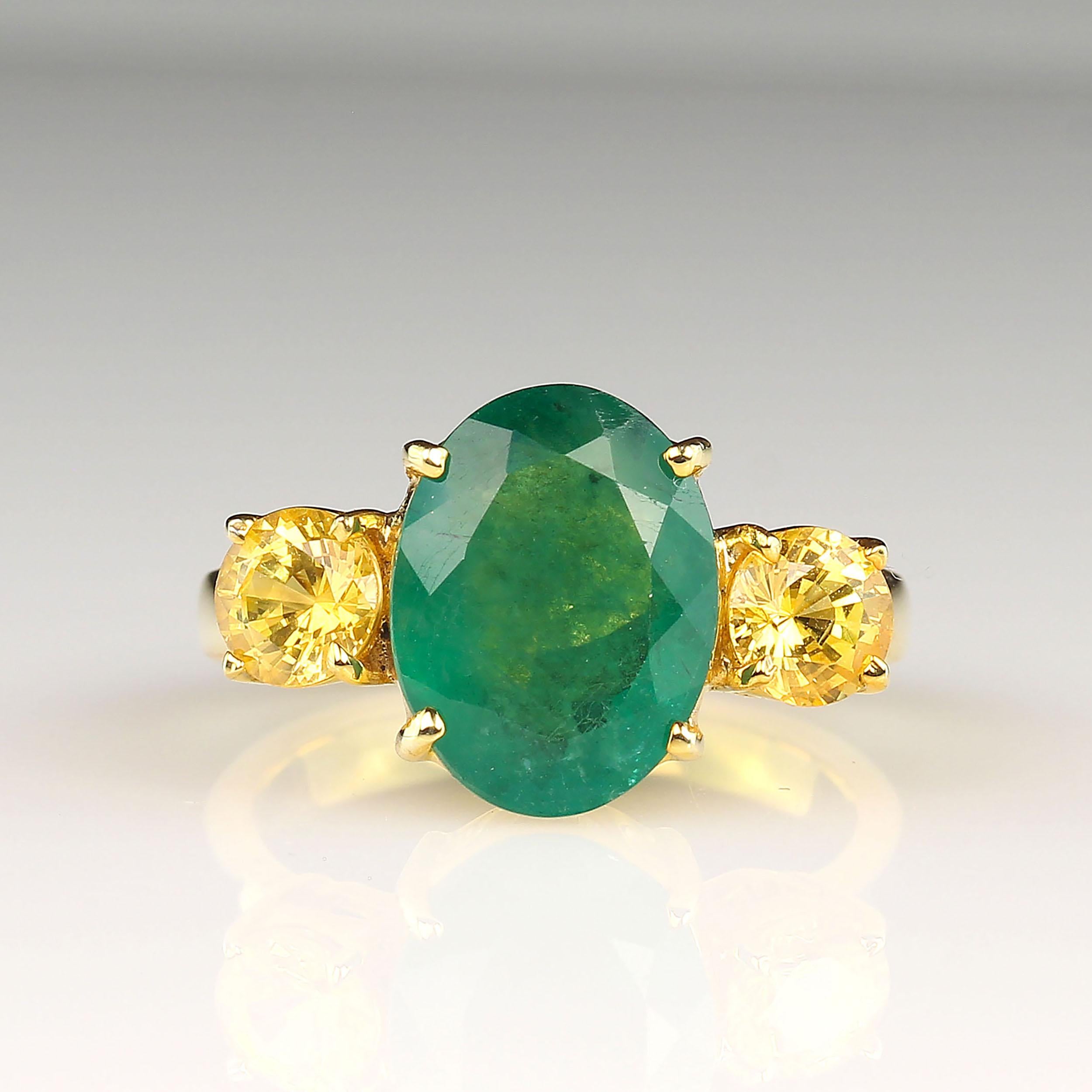 Oval Cut Green Emerald with Sparkling Golden Citrine Accent & Gold Rhoduim/Sterling Ring For Sale