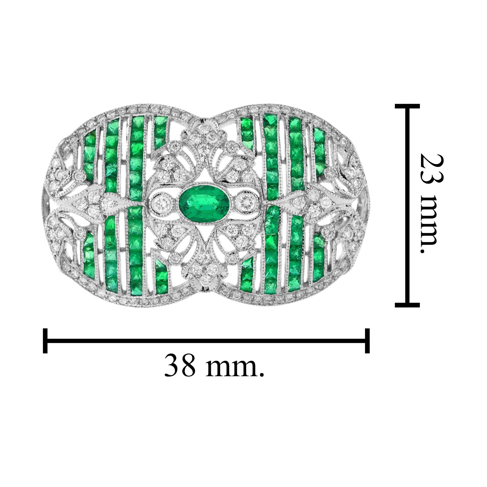 Green Emeralds & Diamonds Art Deco Inspired Style 18K White Gold Pin Brooch im Angebot 5