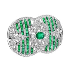 Green Emeralds & Diamonds Art Deco Inspired Style 18K White Gold Pin Brooch
