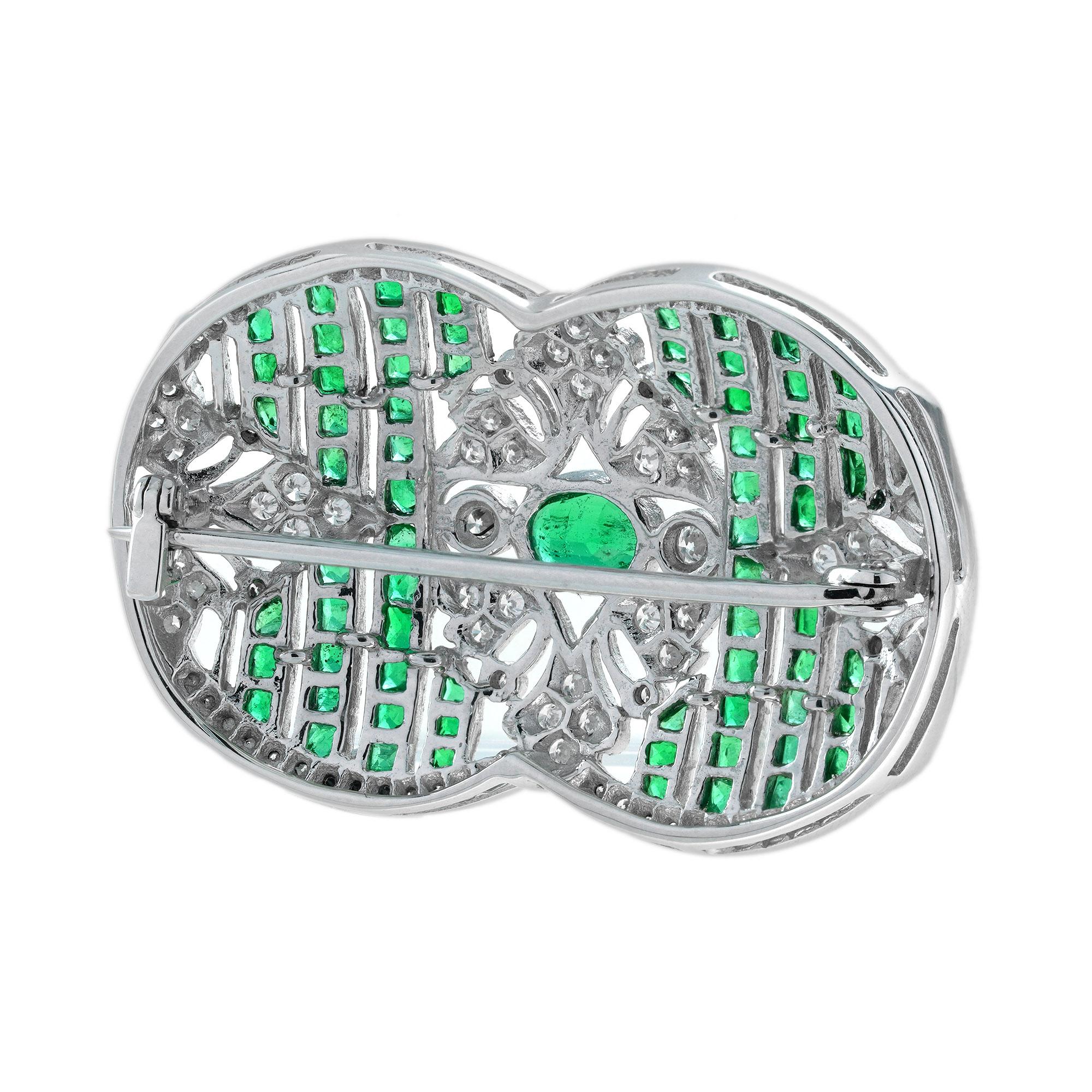 Green Emeralds & Diamonds Art Deco Inspired Style 18K White Gold Pin Brooch (Art déco) im Angebot