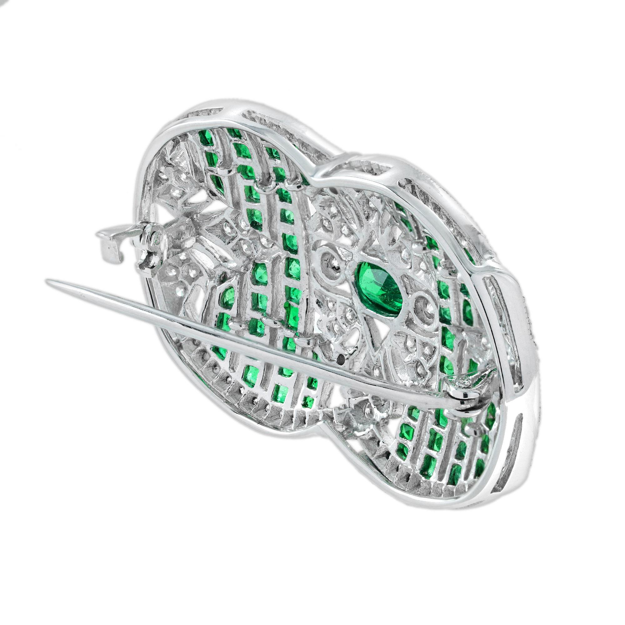 Green Emeralds & Diamonds Art Deco Inspired Style 18K White Gold Pin Brooch (Ovalschliff) im Angebot