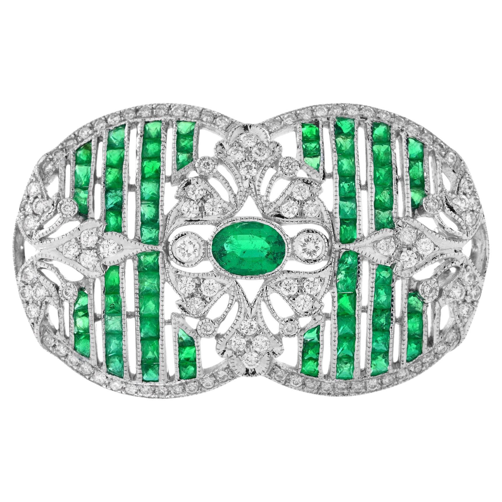 Green Emeralds & Diamonds Art Deco Inspired Style 18K White Gold Pin Brooch