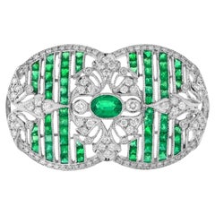 Green Emeralds & Diamonds Art Deco Inspired Style 18K White Gold Pin Brooch