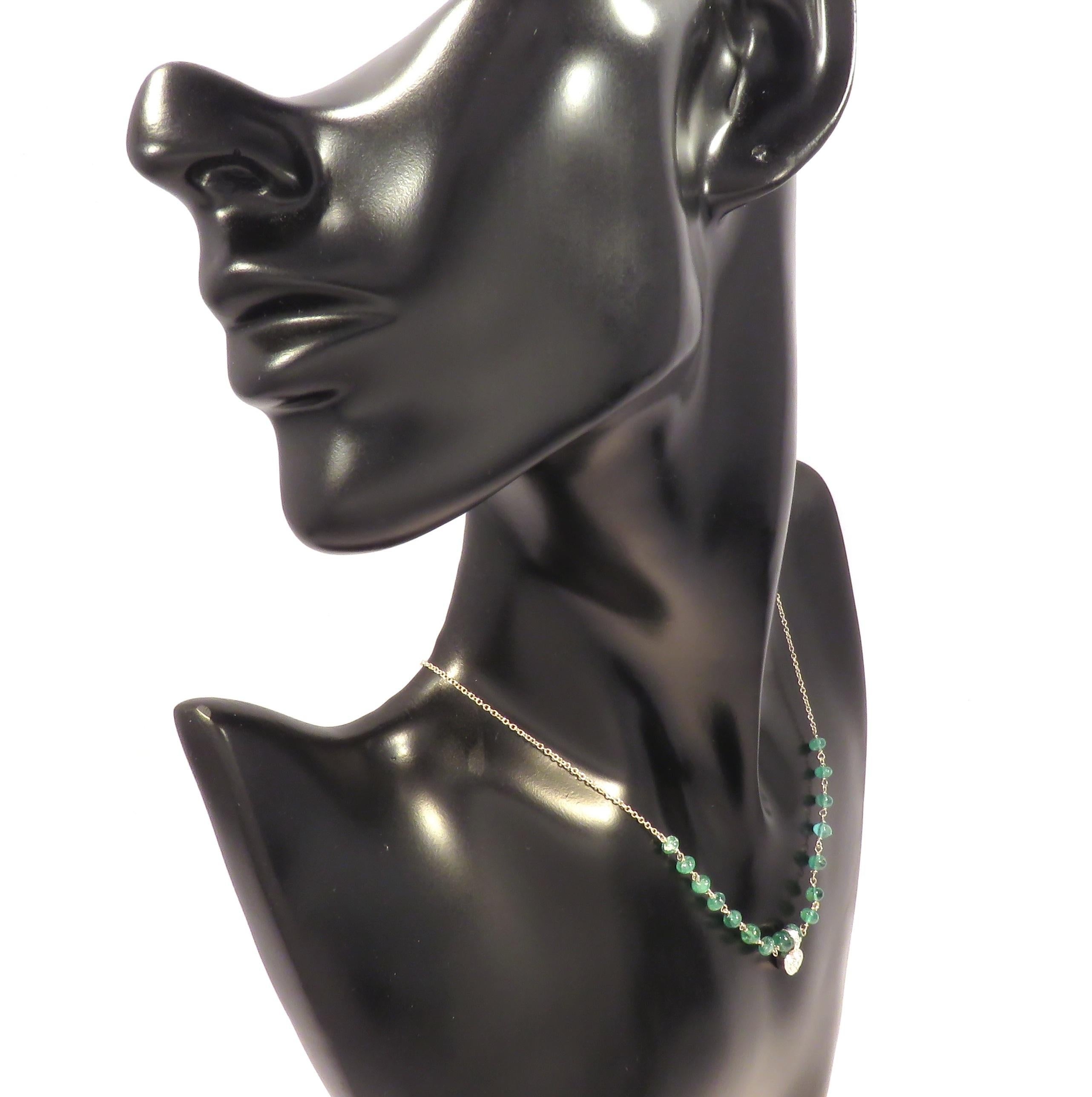 Ball Cut Green Emeralds White Diamonds 9 Karat White Gold Necklace Handcrafted in Italy For Sale