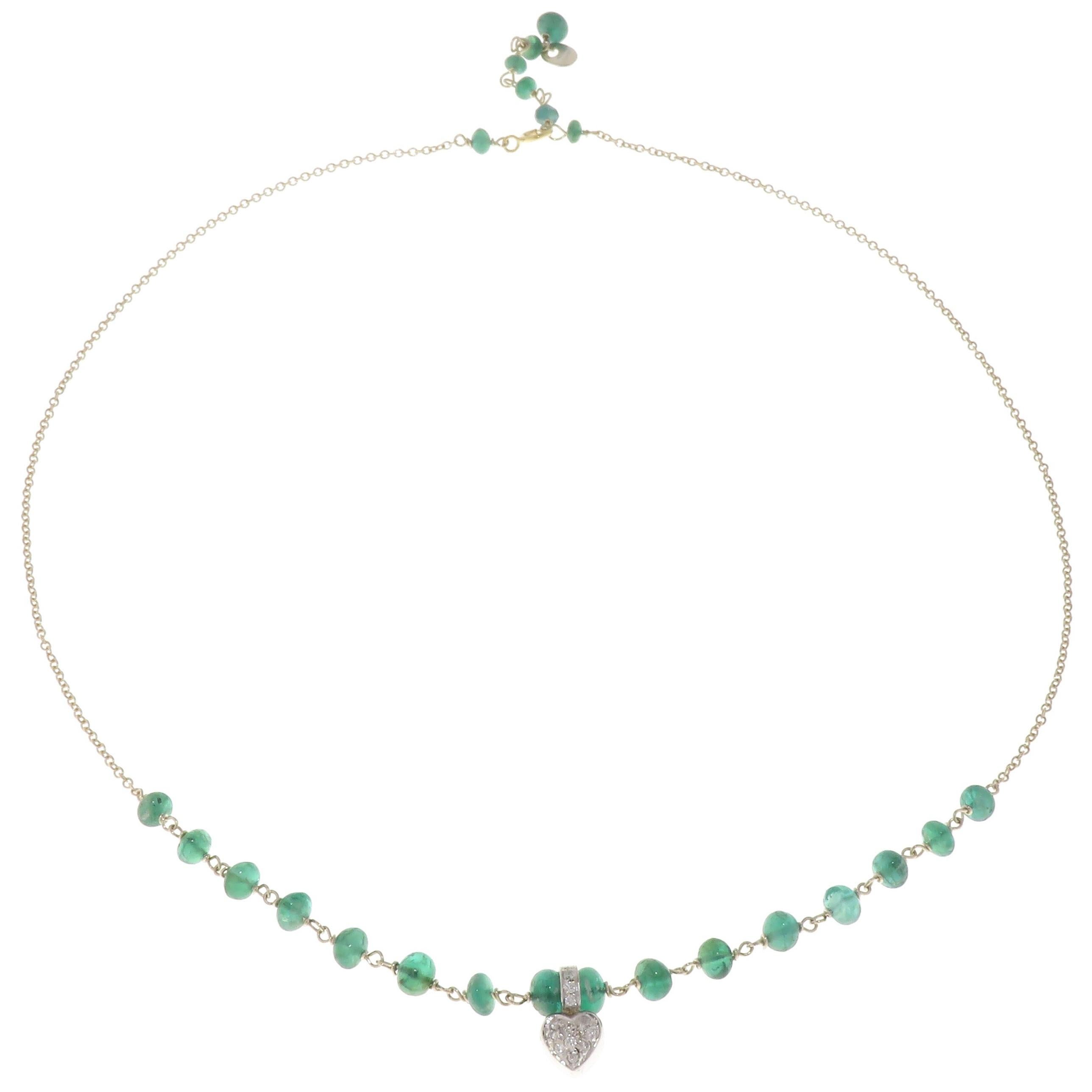 Green Emeralds White Diamonds 9 Karat White Gold Necklace Handcrafted in Italy For Sale