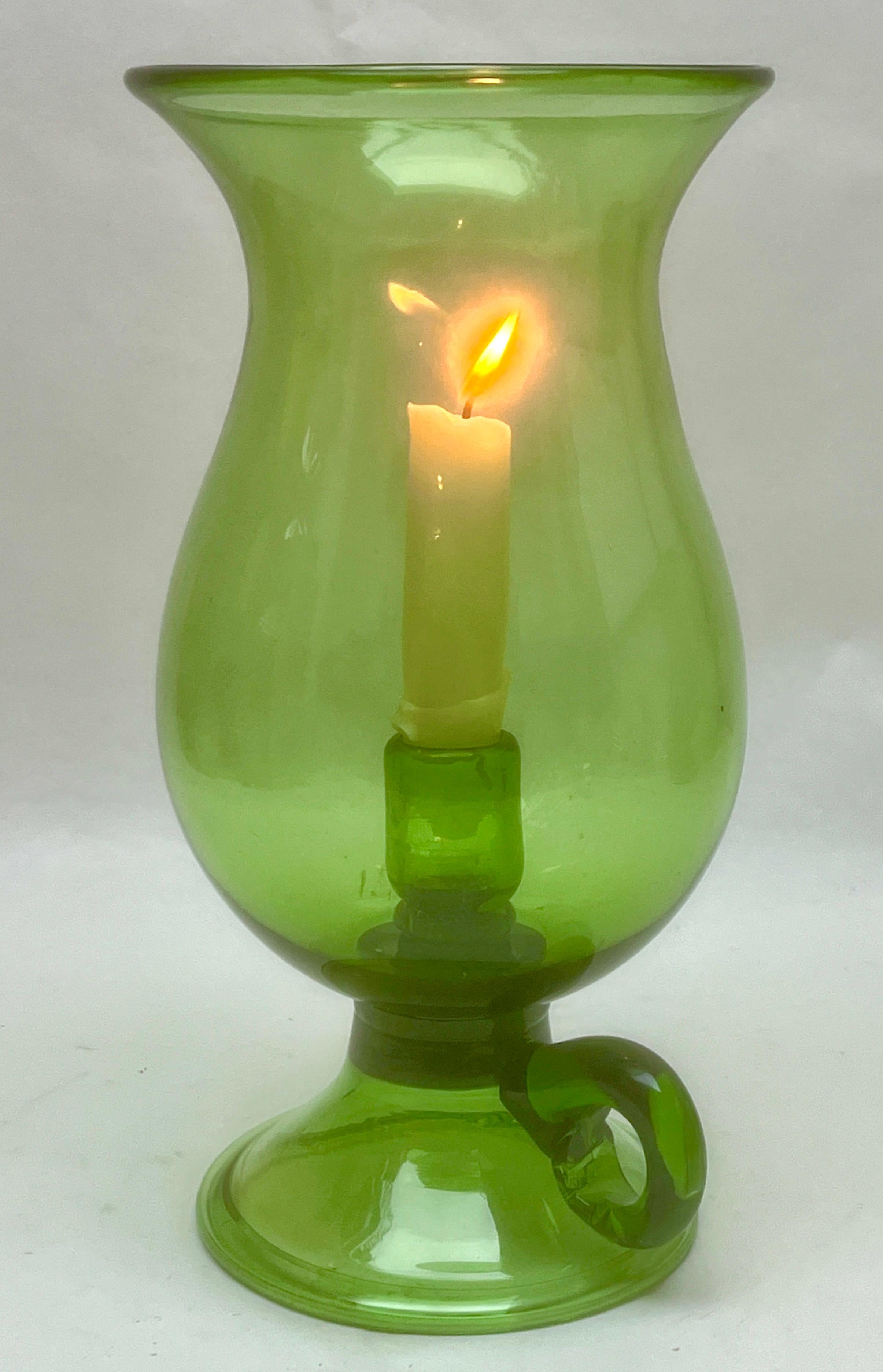 Mid-Century Modern Green Empoli Murano Glass Hurricane Candelstick For Sale