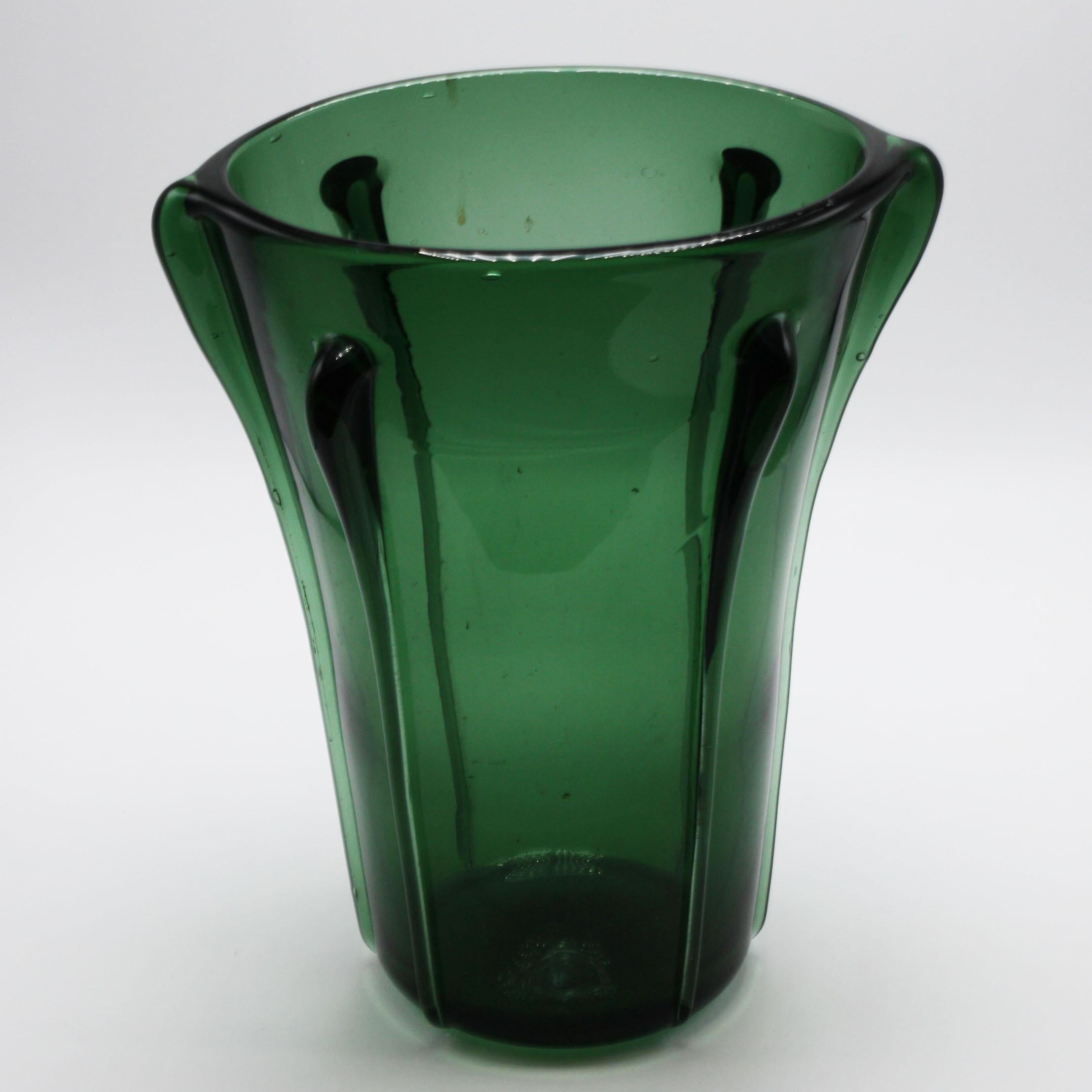 Glass Green Empoli Ribbed Vase, circa 1950