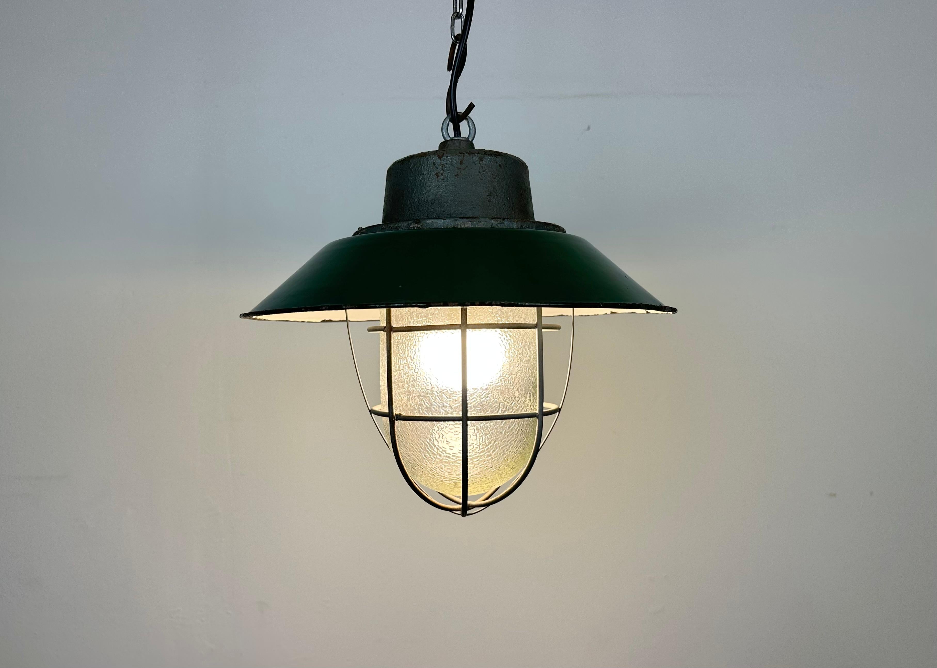 Green Enamel and Cast Iron Industrial Cage Pendant Light, 1960s For Sale 4