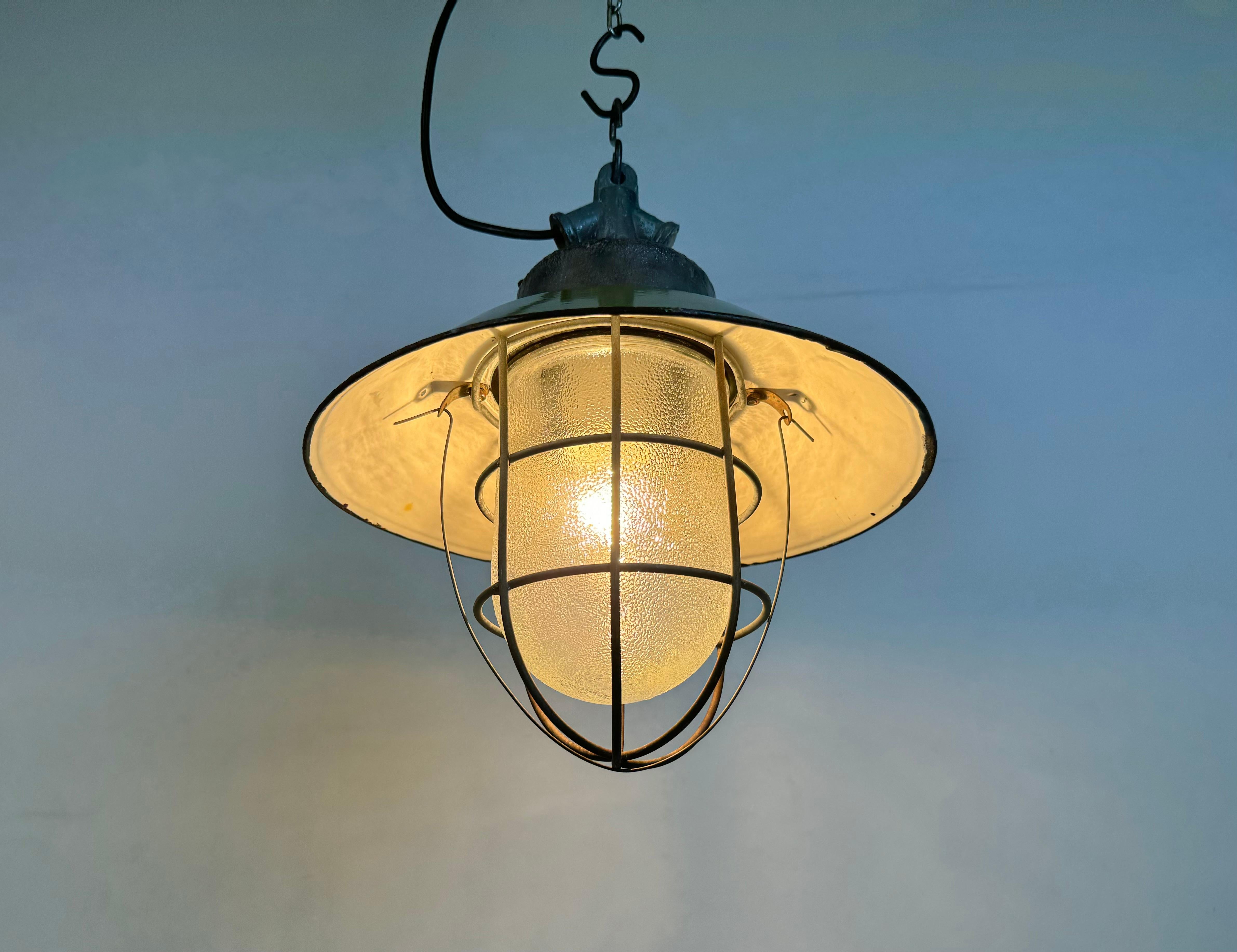 Green Enamel and Cast Iron Industrial Cage Pendant Light, 1960s For Sale 8