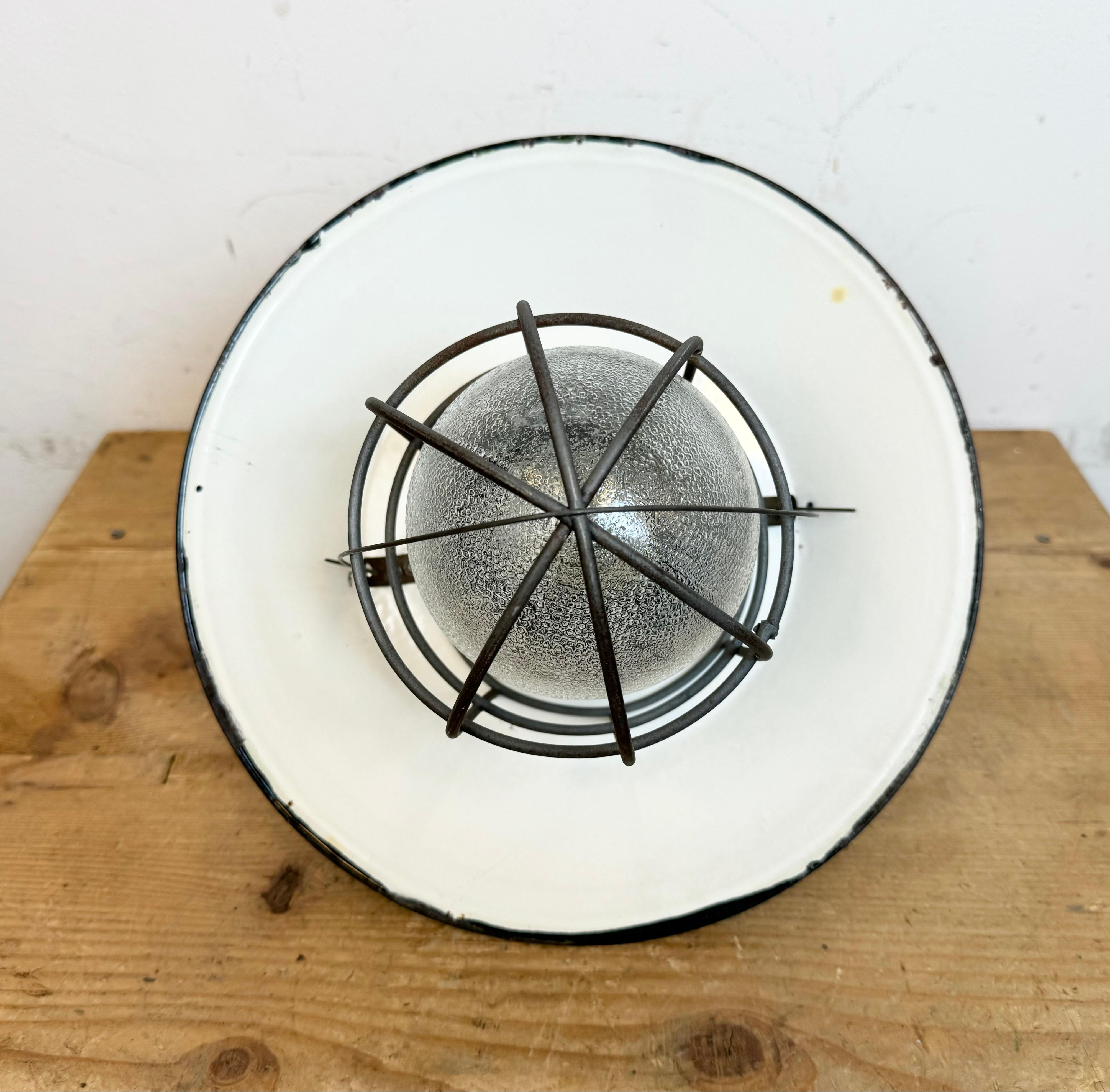 Green Enamel and Cast Iron Industrial Cage Pendant Light, 1960s For Sale 9
