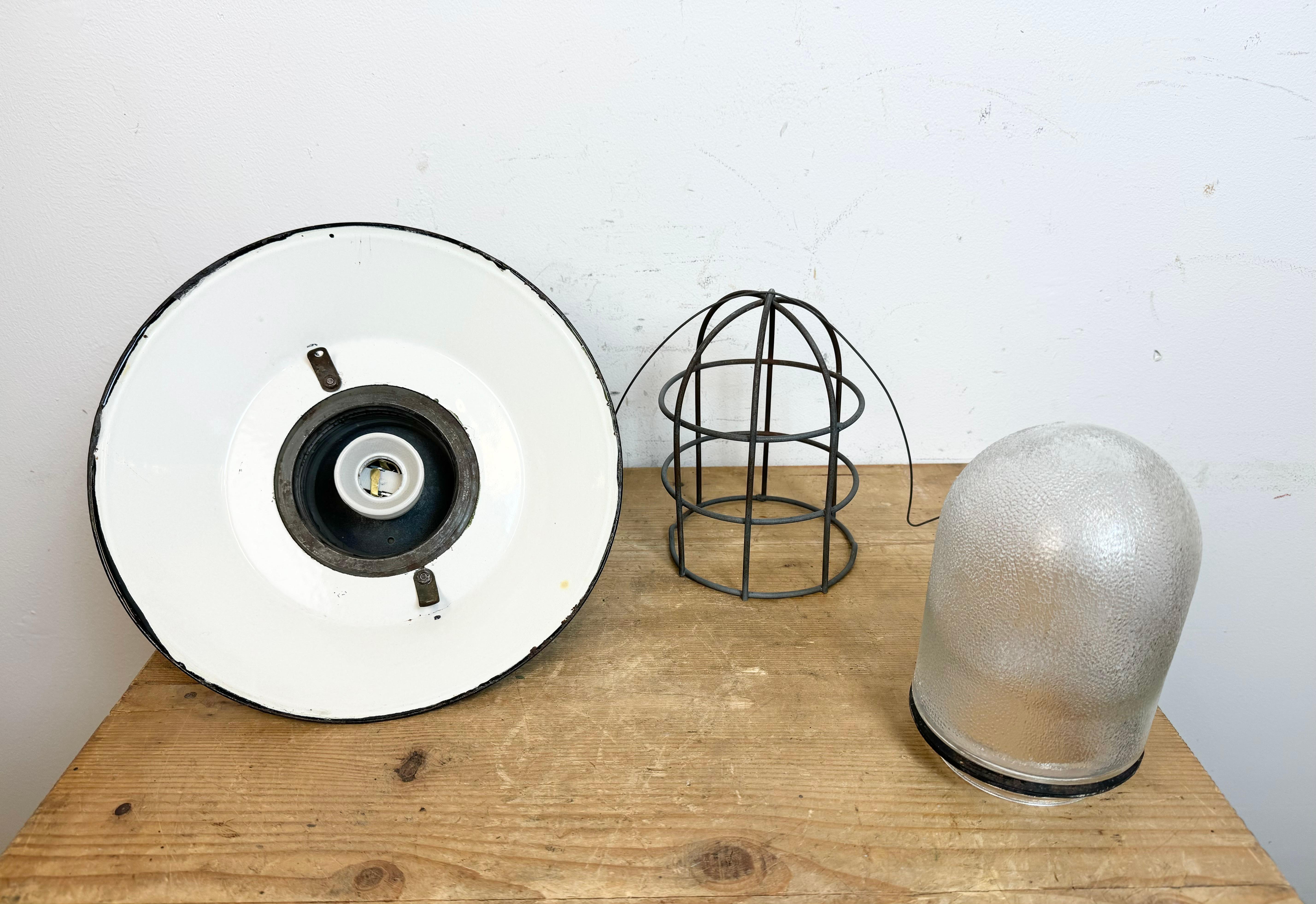 Green Enamel and Cast Iron Industrial Cage Pendant Light, 1960s For Sale 12
