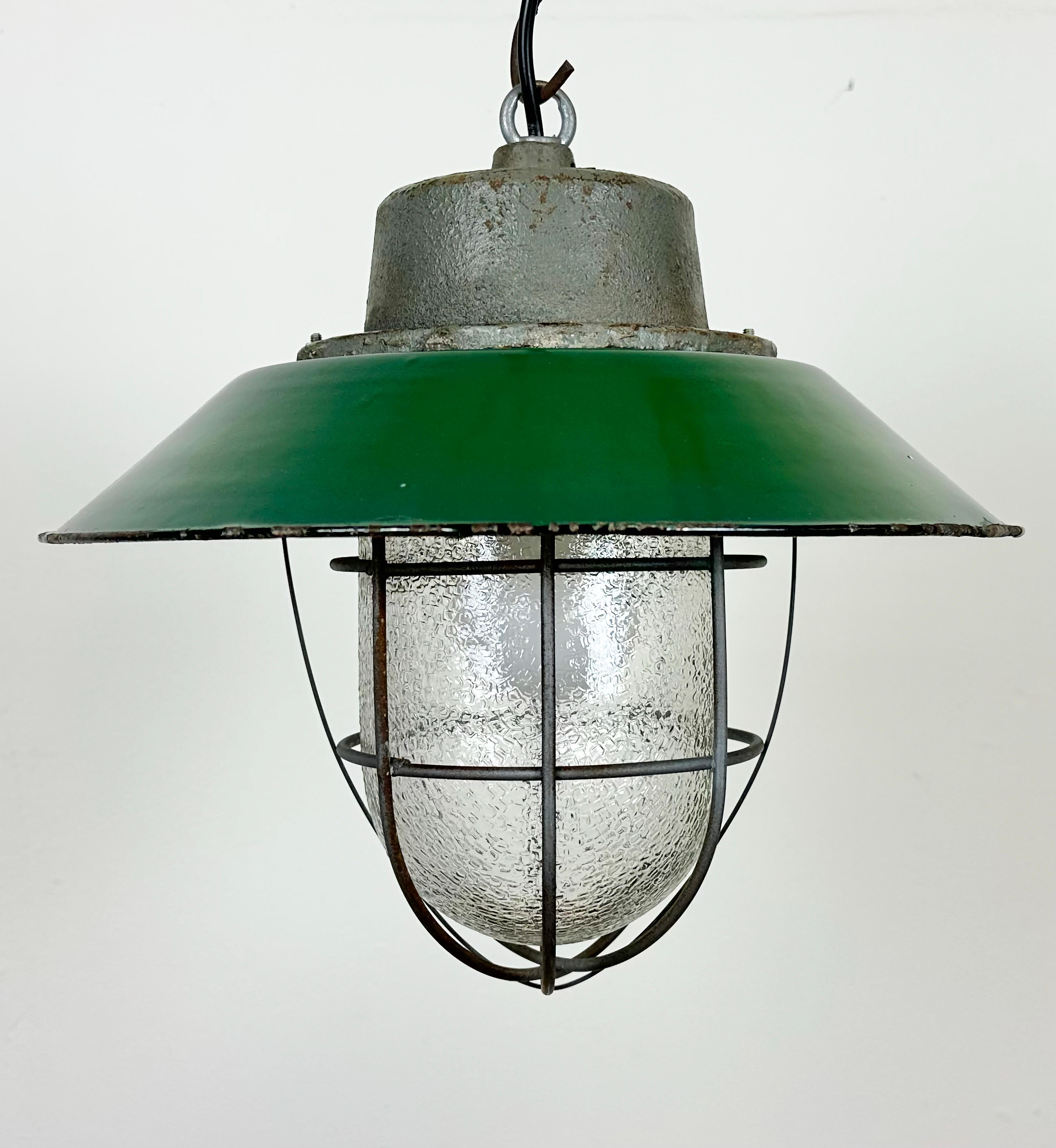 Polish Green Enamel and Cast Iron Industrial Cage Pendant Light, 1960s For Sale