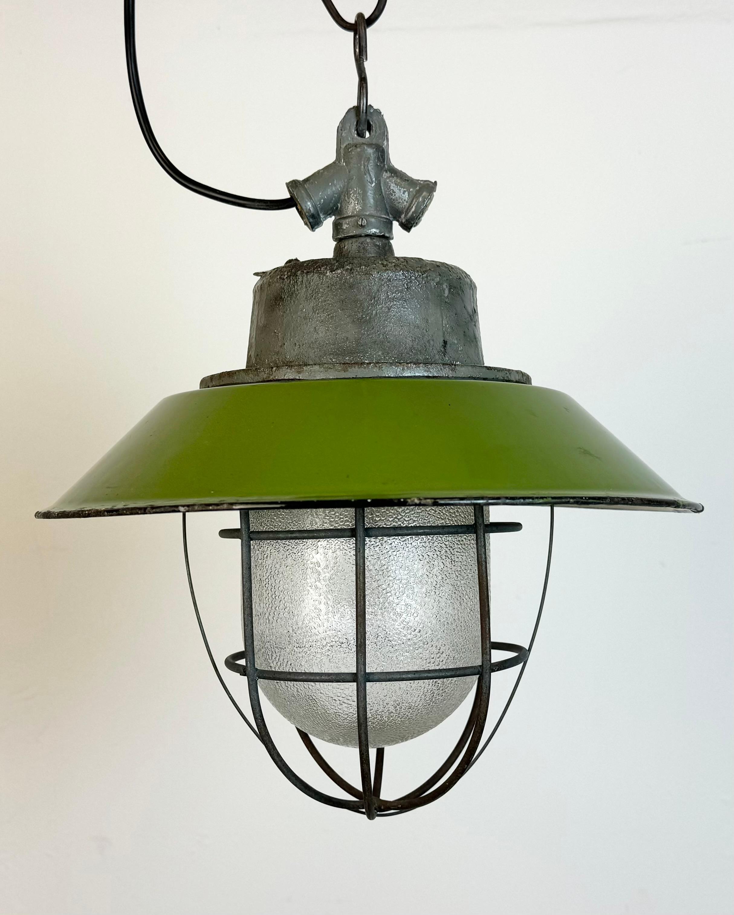 Polish Green Enamel and Cast Iron Industrial Cage Pendant Light, 1960s For Sale