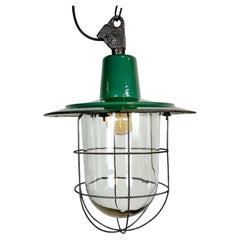 Green Enamel and Cast Iron Industrial Cage Pendant Light, 1960s